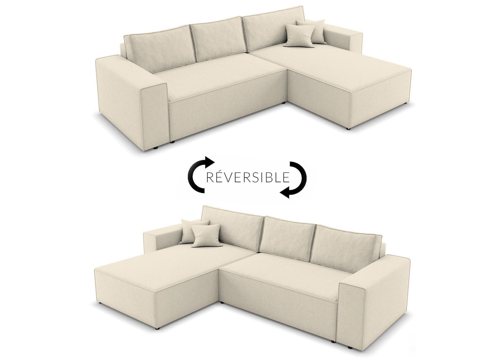 JADE Ecksofa aus geripptem Samt in Beige mit Stauraum, umwandelbar und wendbar