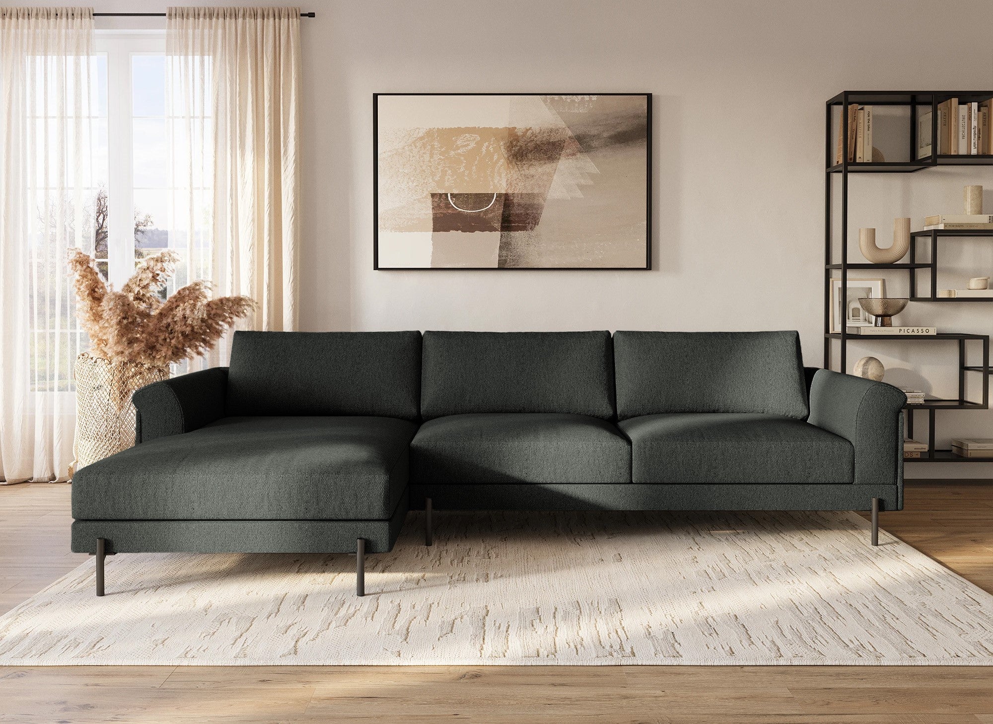 Ecksofa LEIA aus dunkelgrauem Stoff mit Chaiselongue - Linke Ecke