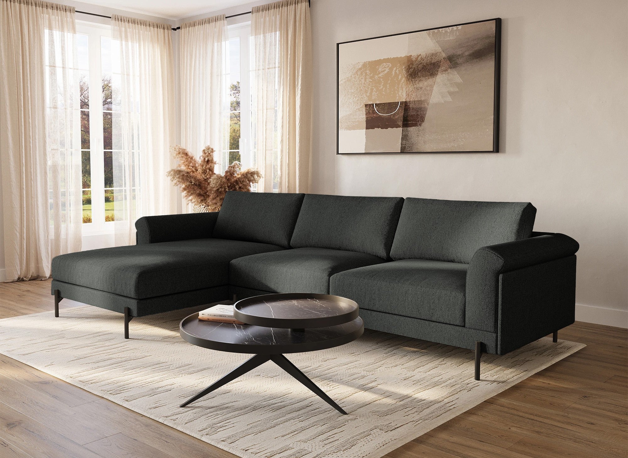 Ecksofa LEIA aus dunkelgrauem Stoff mit Chaiselongue - Linke Ecke