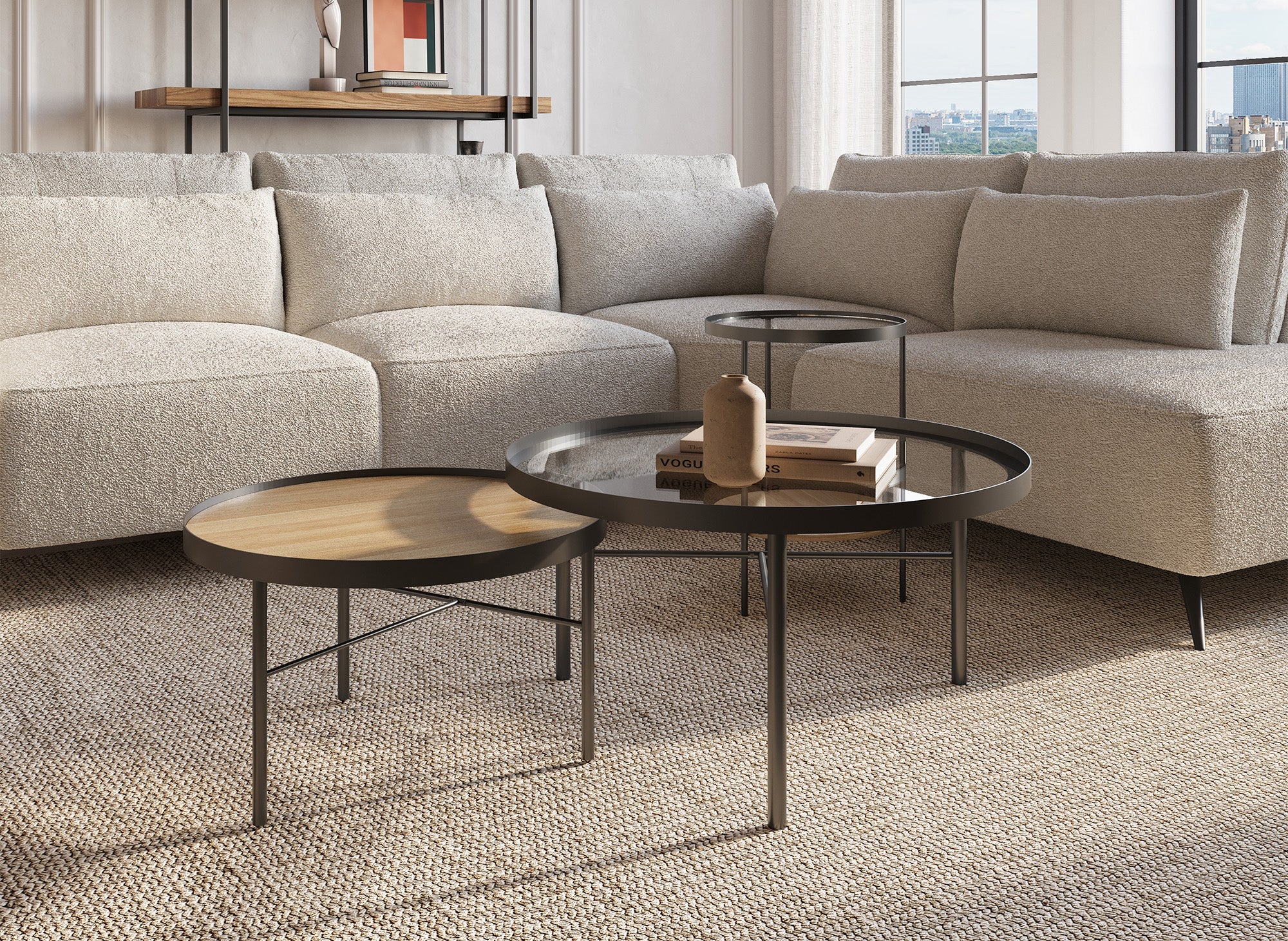 3er-Set RIONA runde Couchtische aus Holz und Glas