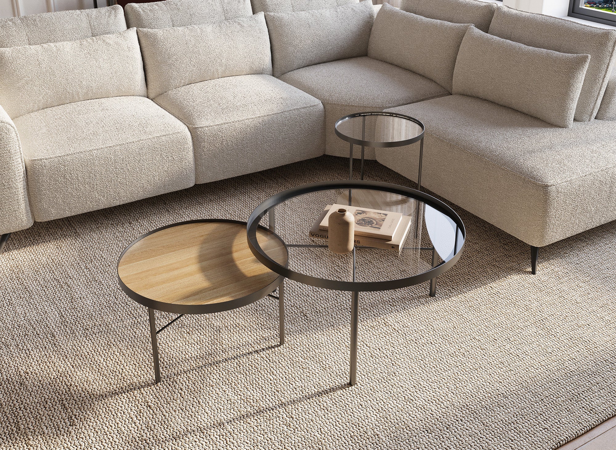 3er-Set RIONA runde Couchtische aus Holz und Glas