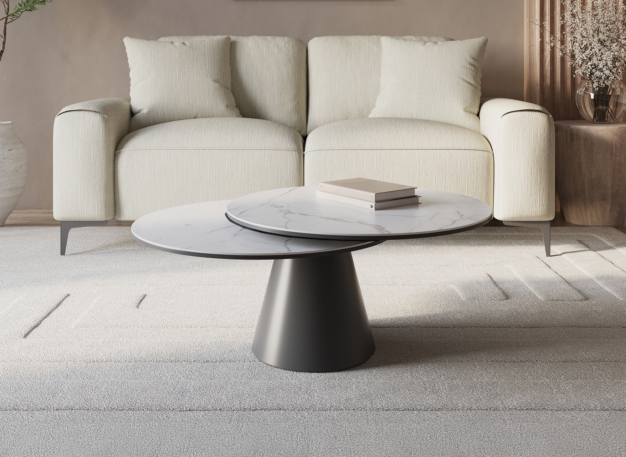 Runder Couchtisch SELENIA mit drehbarer Platte aus gehärtetem Glas und weißer Keramik in Marmoroptik