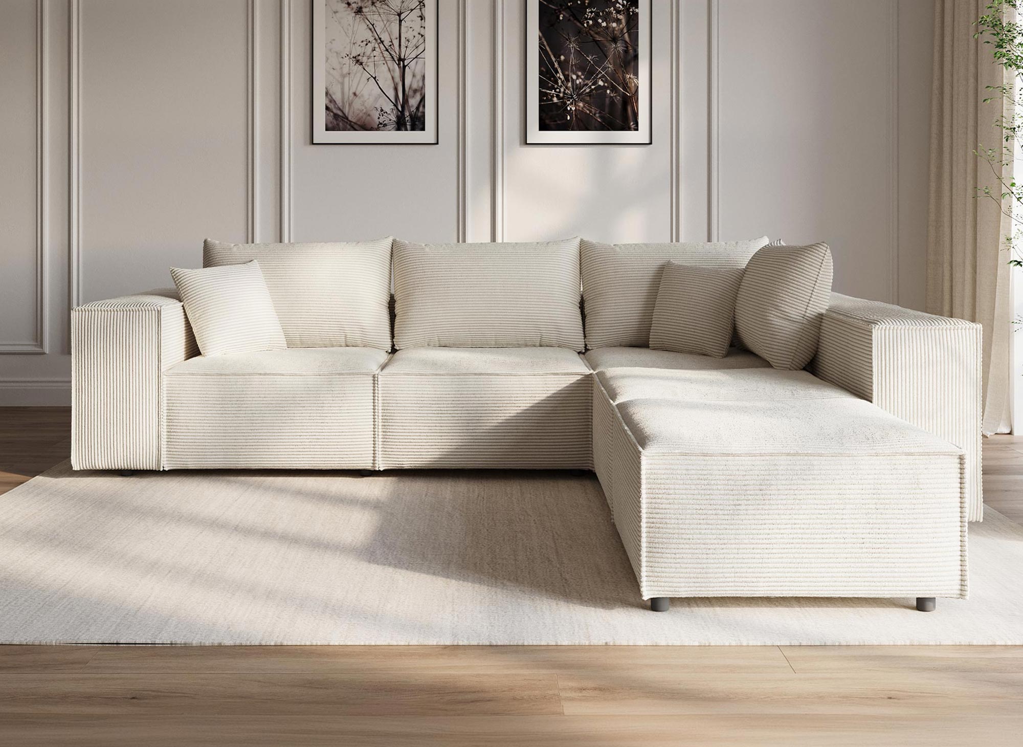 HARLEM XL modulares Ecksofa mit 1 Hocker aus dickem beigem Cord