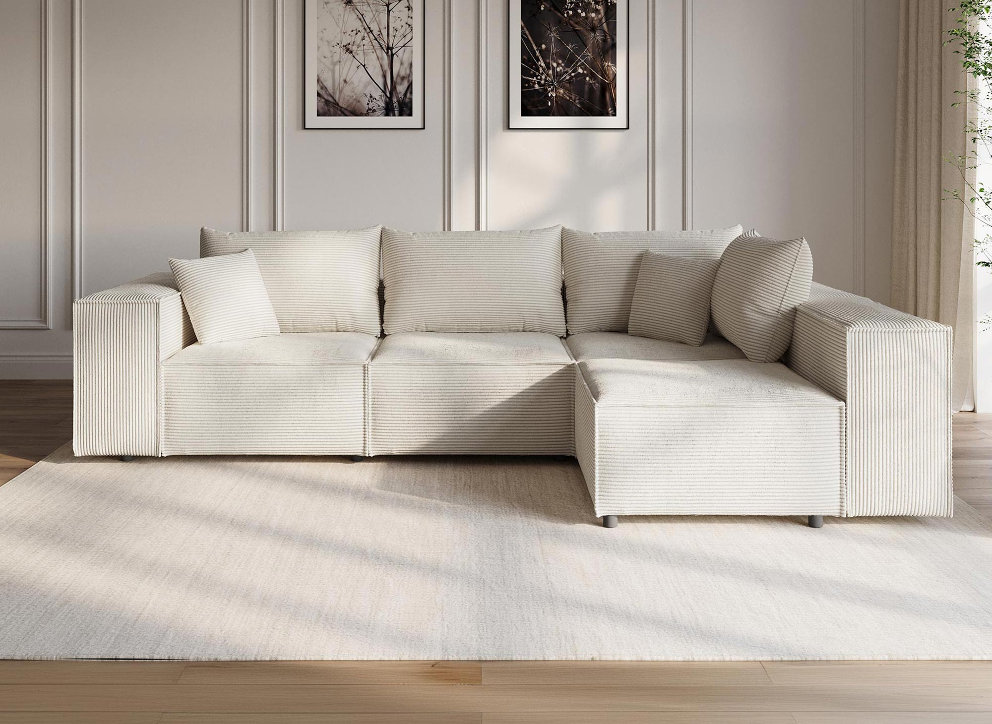 HARLEM XL modulares Ecksofa mit 1 Hocker aus dickem beigem Cord