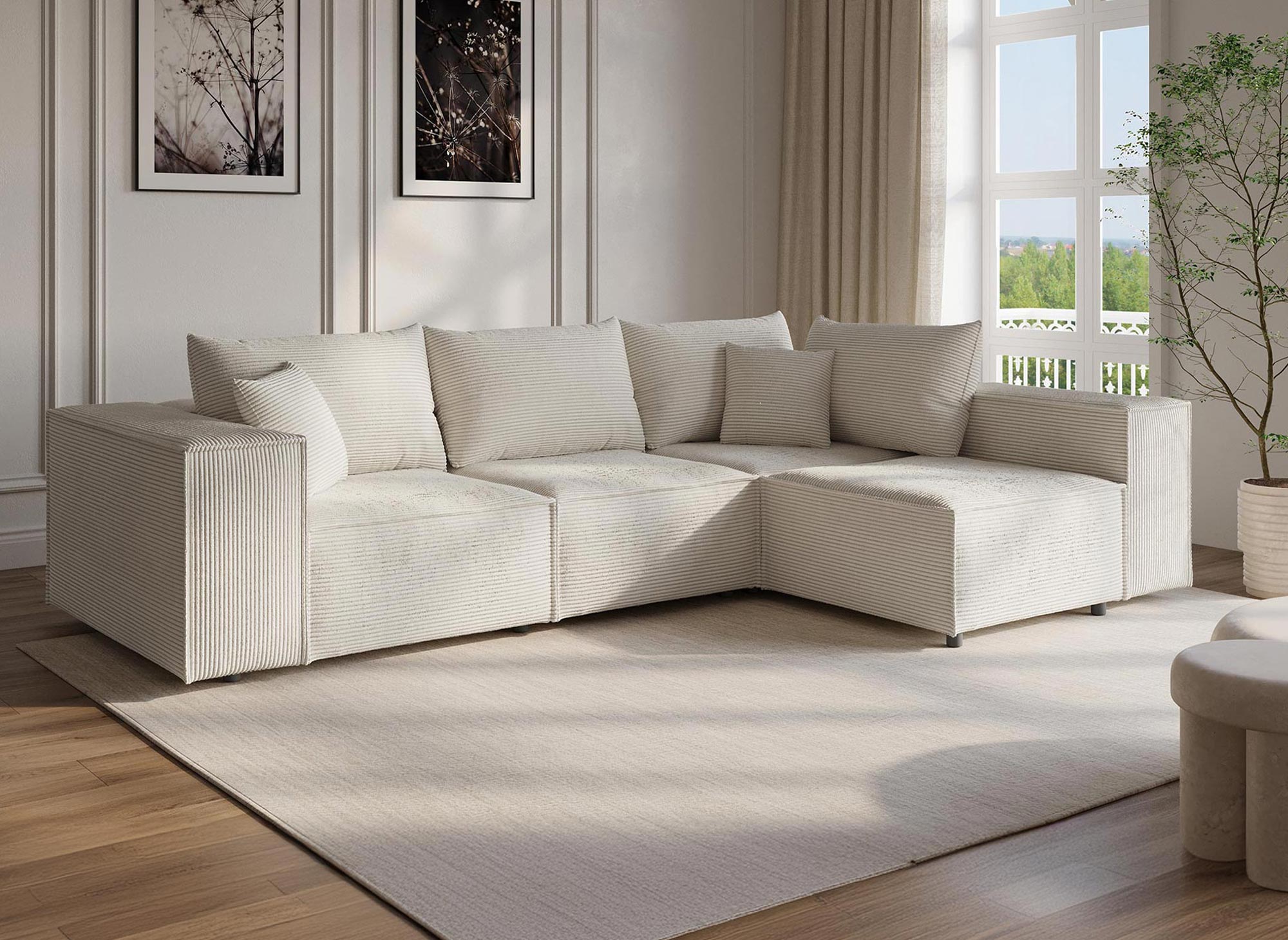 HARLEM XL modulares Ecksofa mit 1 Hocker aus dickem beigem Cord