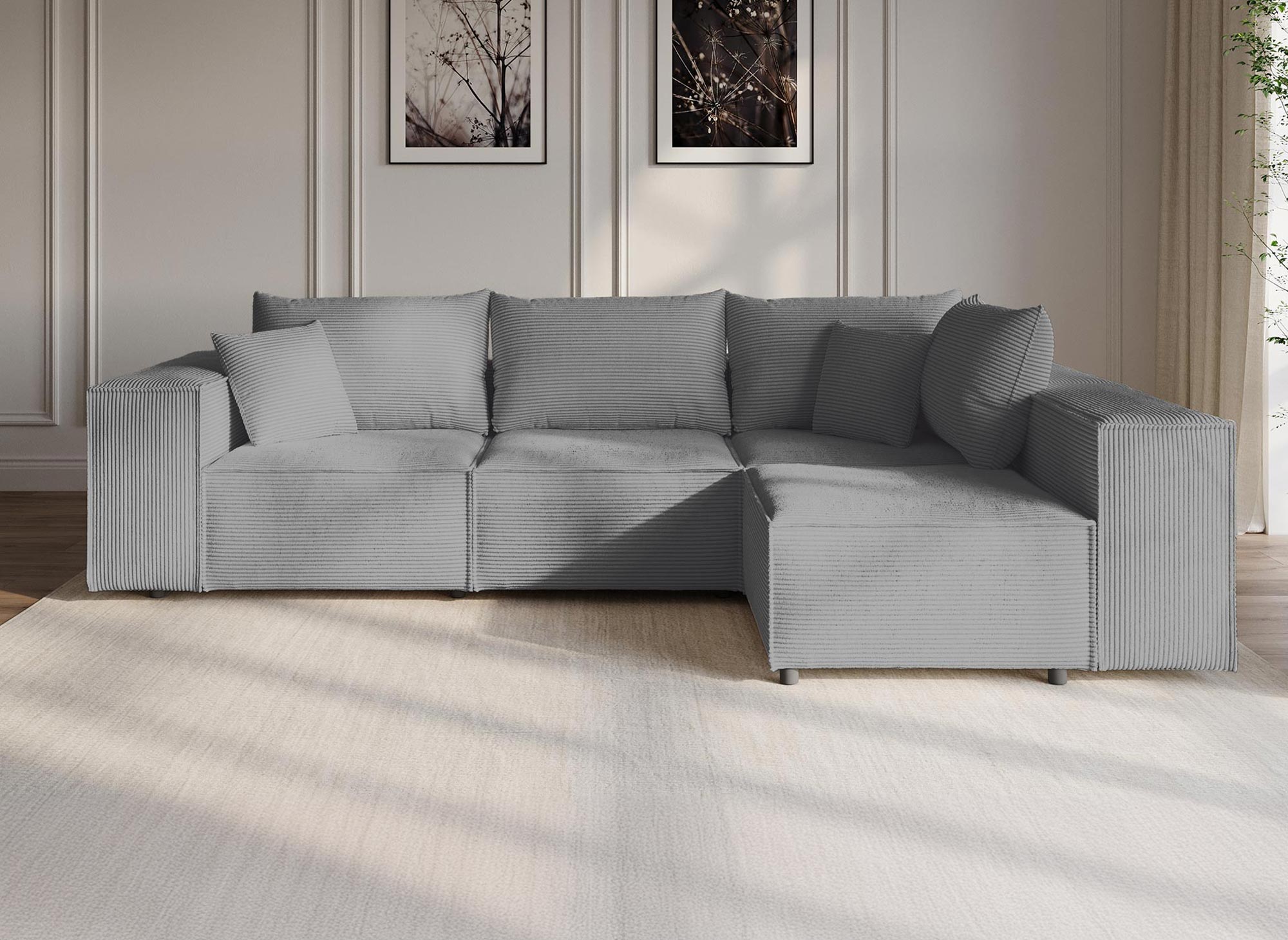 HARLEM XL modulares Ecksofa mit 1 Pouf aus dickem grauem Cord