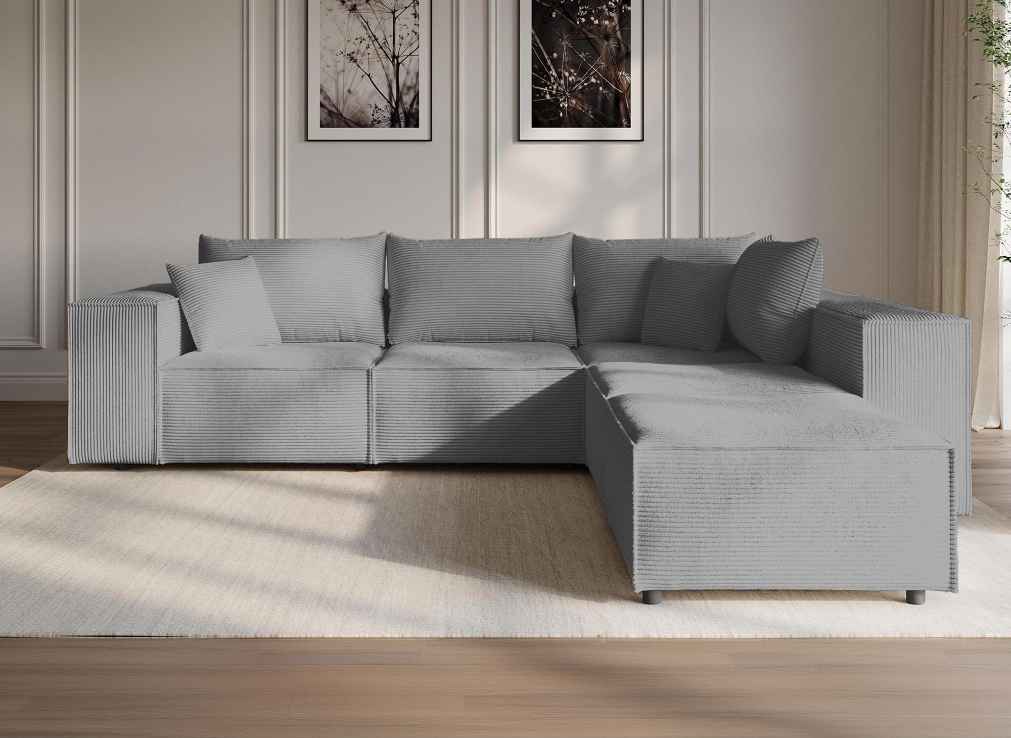 HARLEM XL modulares Ecksofa mit 1 Pouf aus dickem grauem Cord