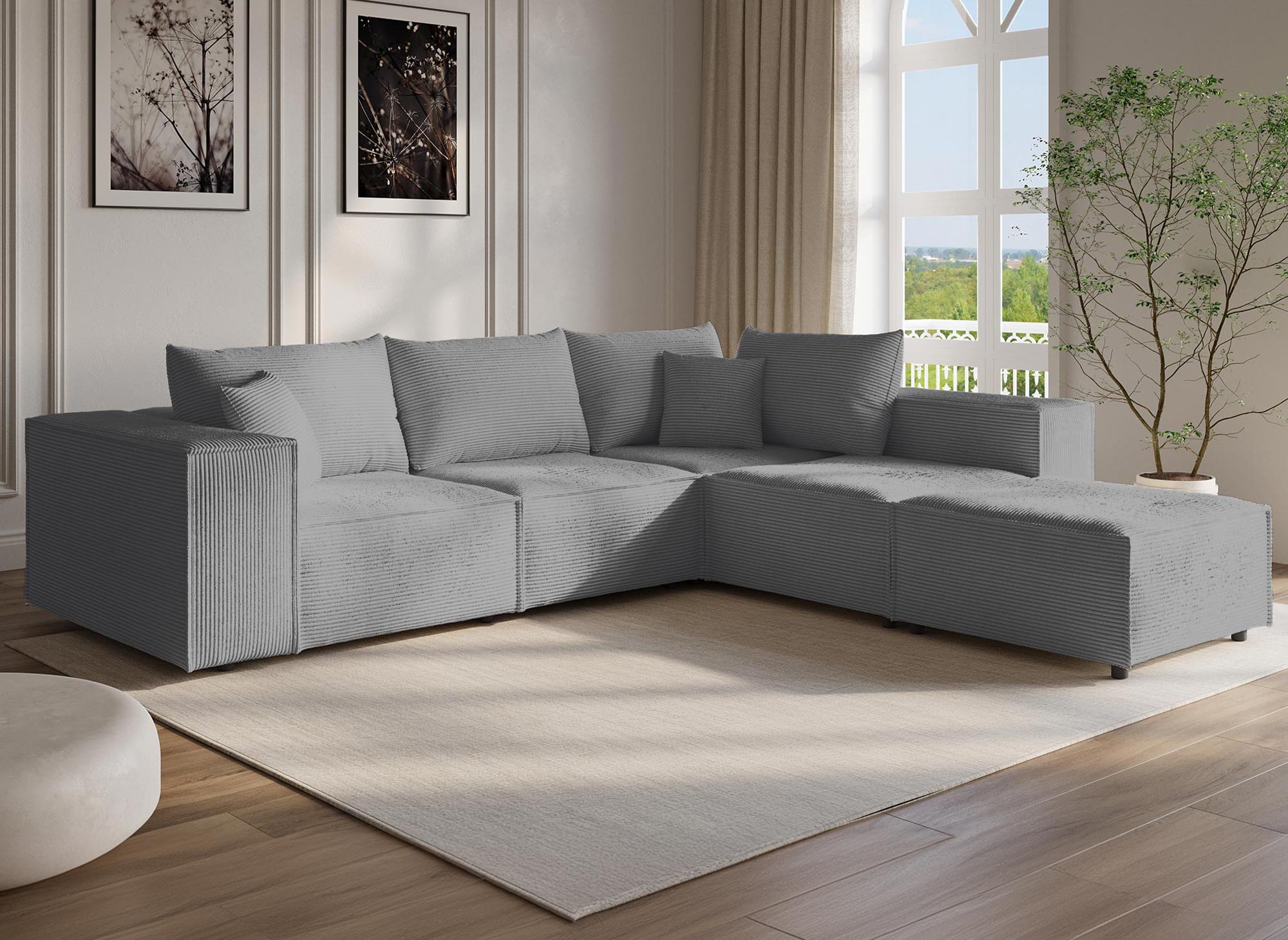 HARLEM XL modulares Ecksofa mit 1 Pouf aus dickem grauem Cord