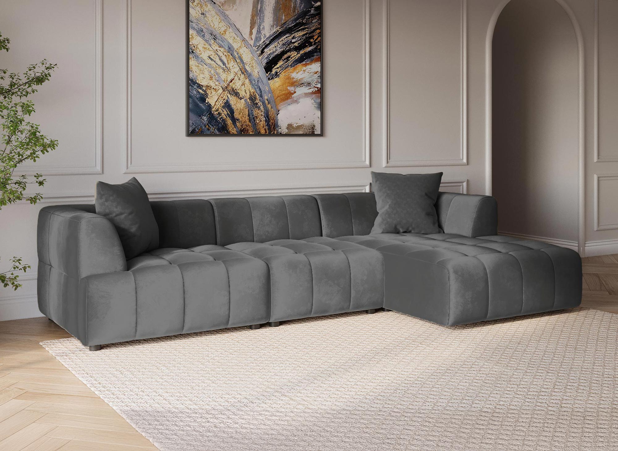 KELIA Ecksofa aus grauem Samt mit Chaiselongue - rechtwinklig