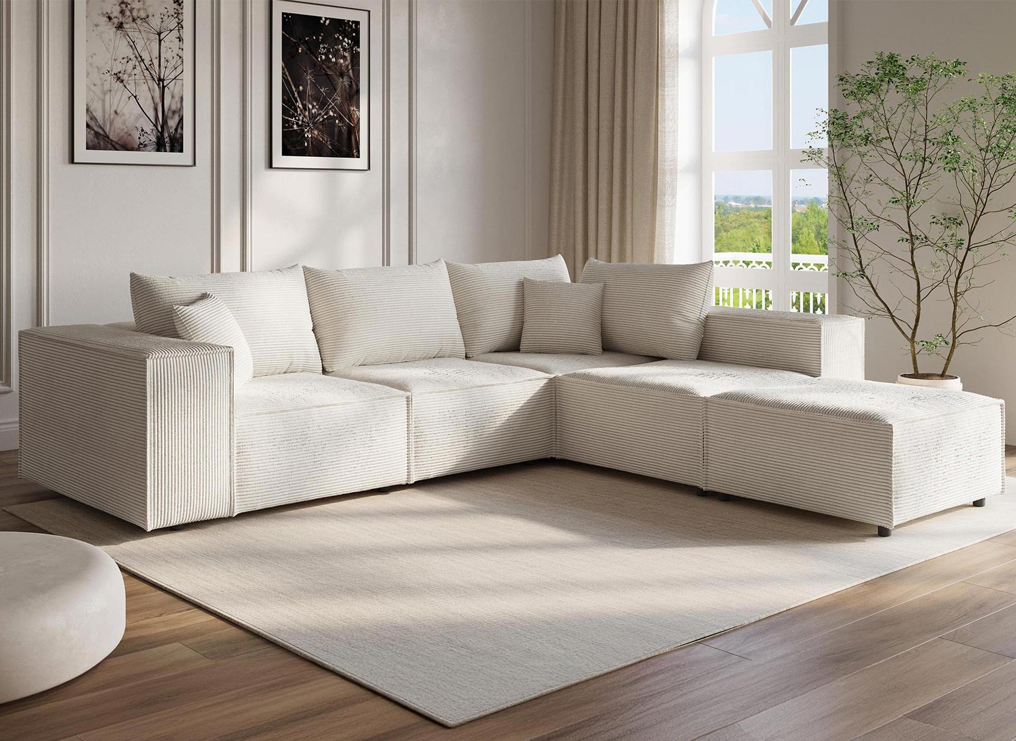 HARLEM XL modulares Ecksofa mit 1 Hocker aus dickem beigem Cord