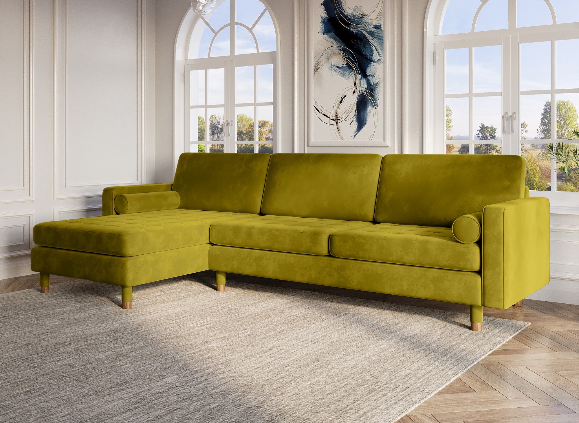 SALAMBO Skandinavisches Ecksofa aus goldgrünem Samt - Linke Ecke