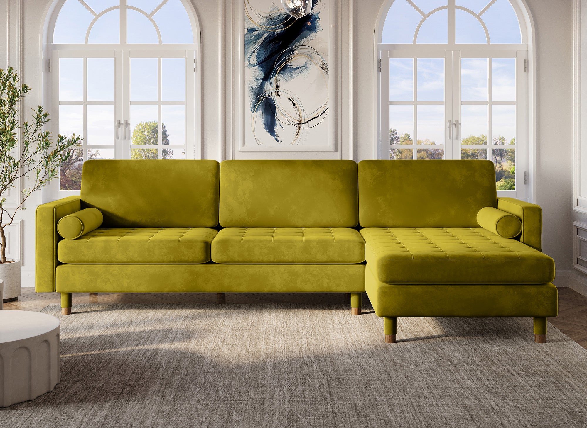 SALAMBO Skandinavisches Ecksofa aus goldgrünem Samt - Rechtwinklig