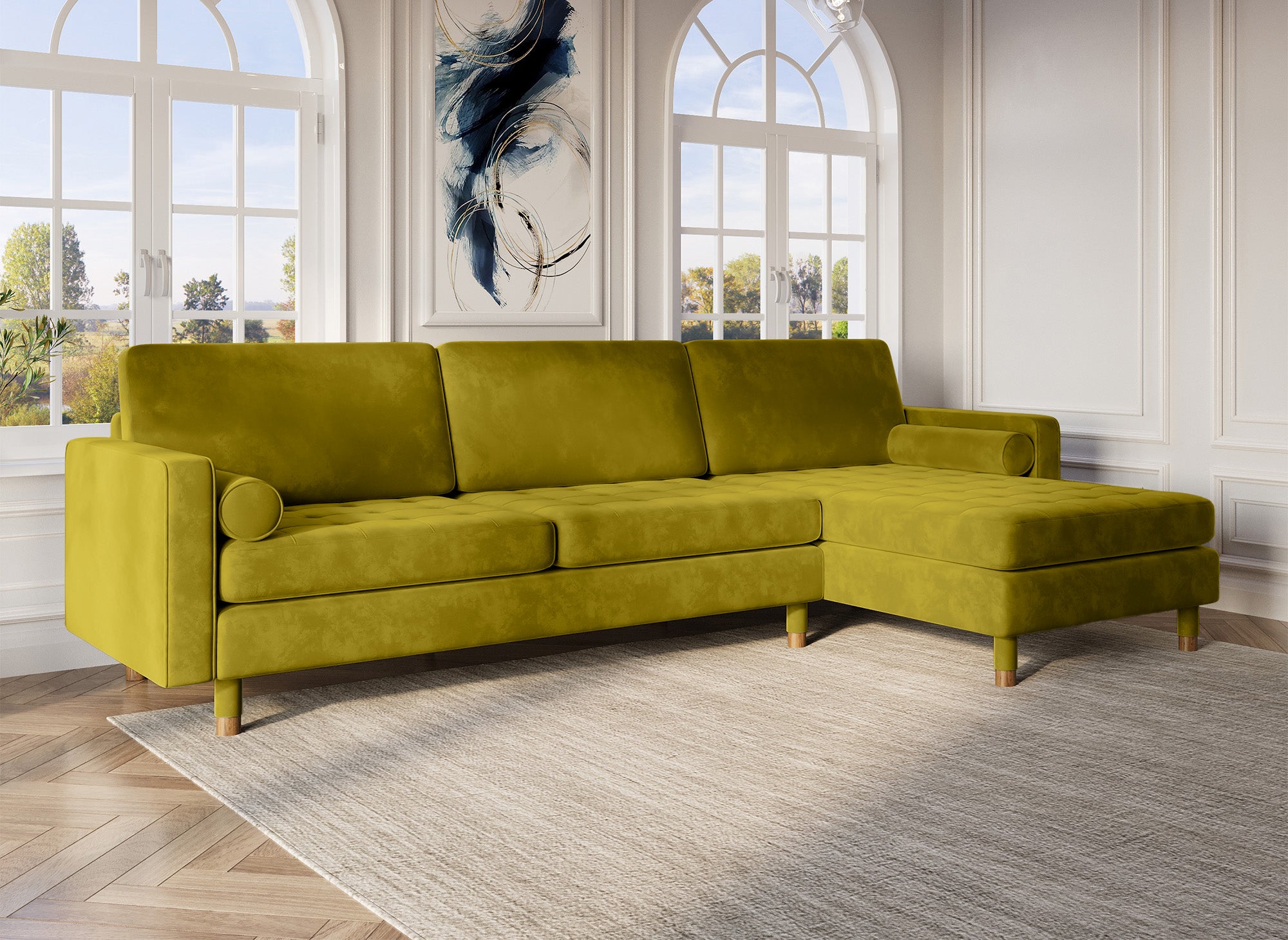 SALAMBO Skandinavisches Ecksofa aus goldgrünem Samt - Rechtwinklig
