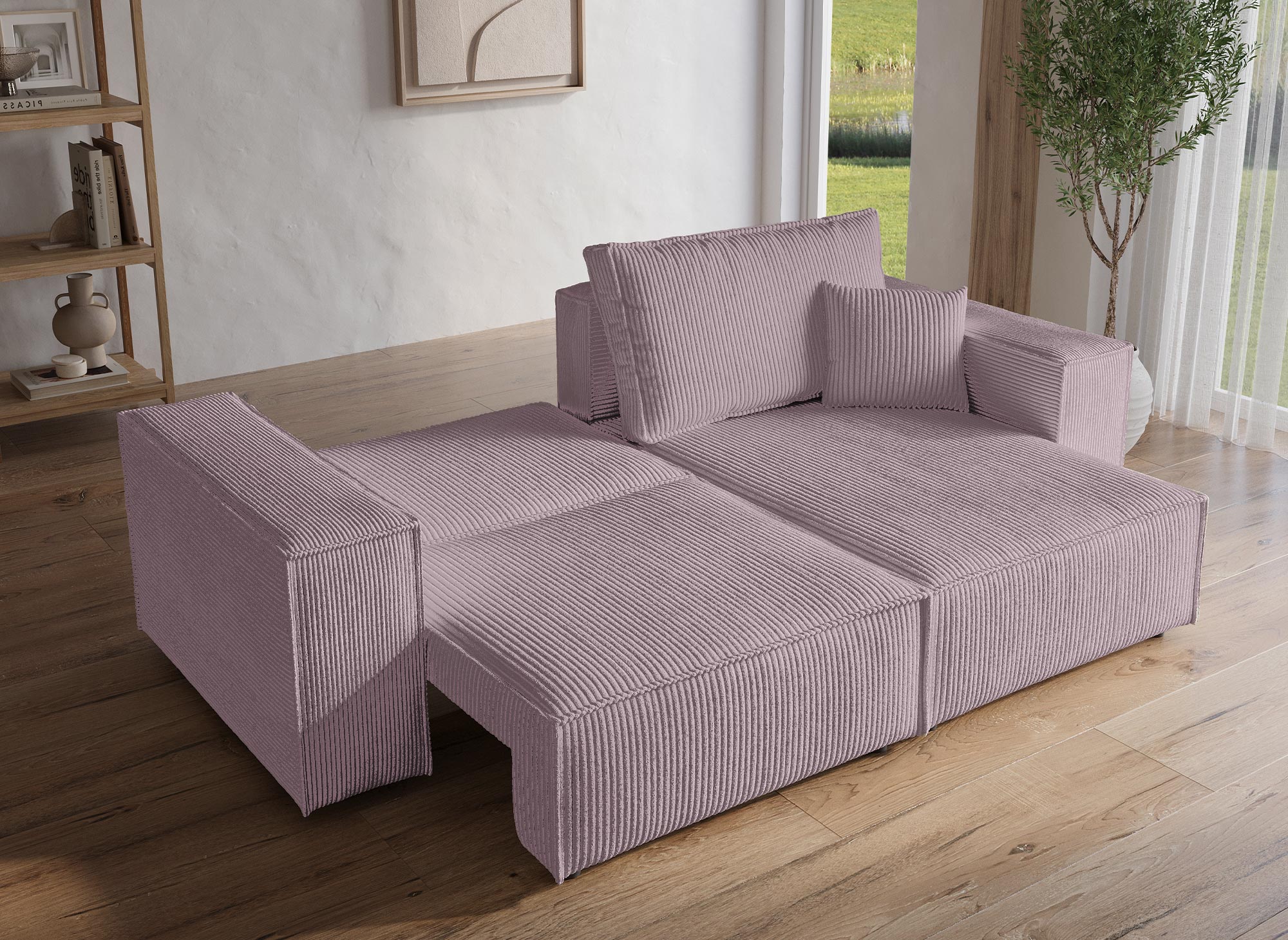 JADE MINI, umwandelbares und wendbares Ecksofa aus fliederfarbenem Cord mit Stauraum