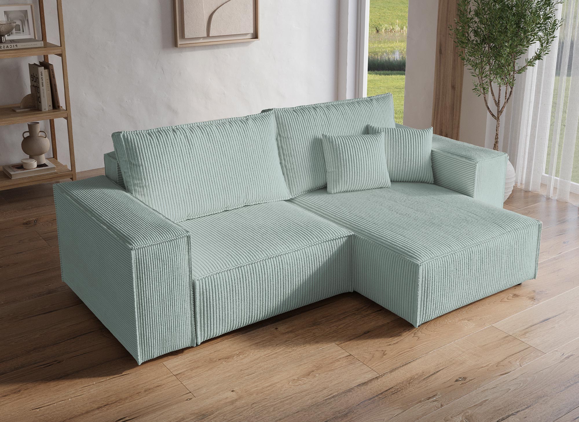 JADE MINI wassergrünes Cord-Ecksofa mit Stauraum, umwandelbar und wendbar