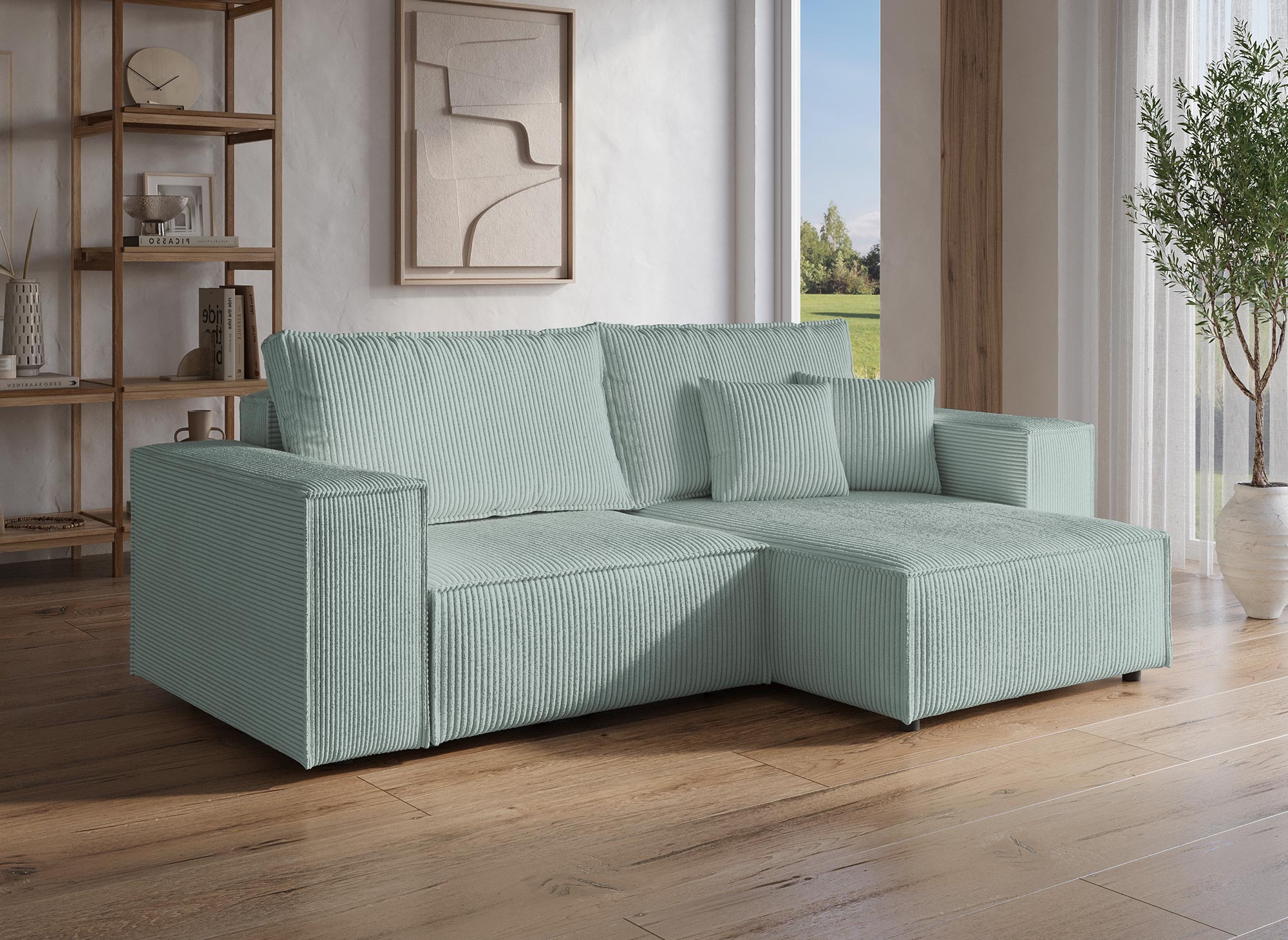 JADE MINI wassergrünes Cord-Ecksofa mit Stauraum, umwandelbar und wendbar