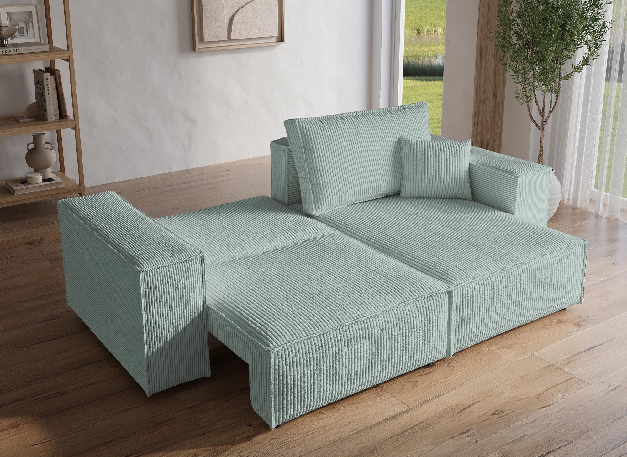 JADE MINI wassergrünes Cord-Ecksofa mit Stauraum, umwandelbar und wendbar