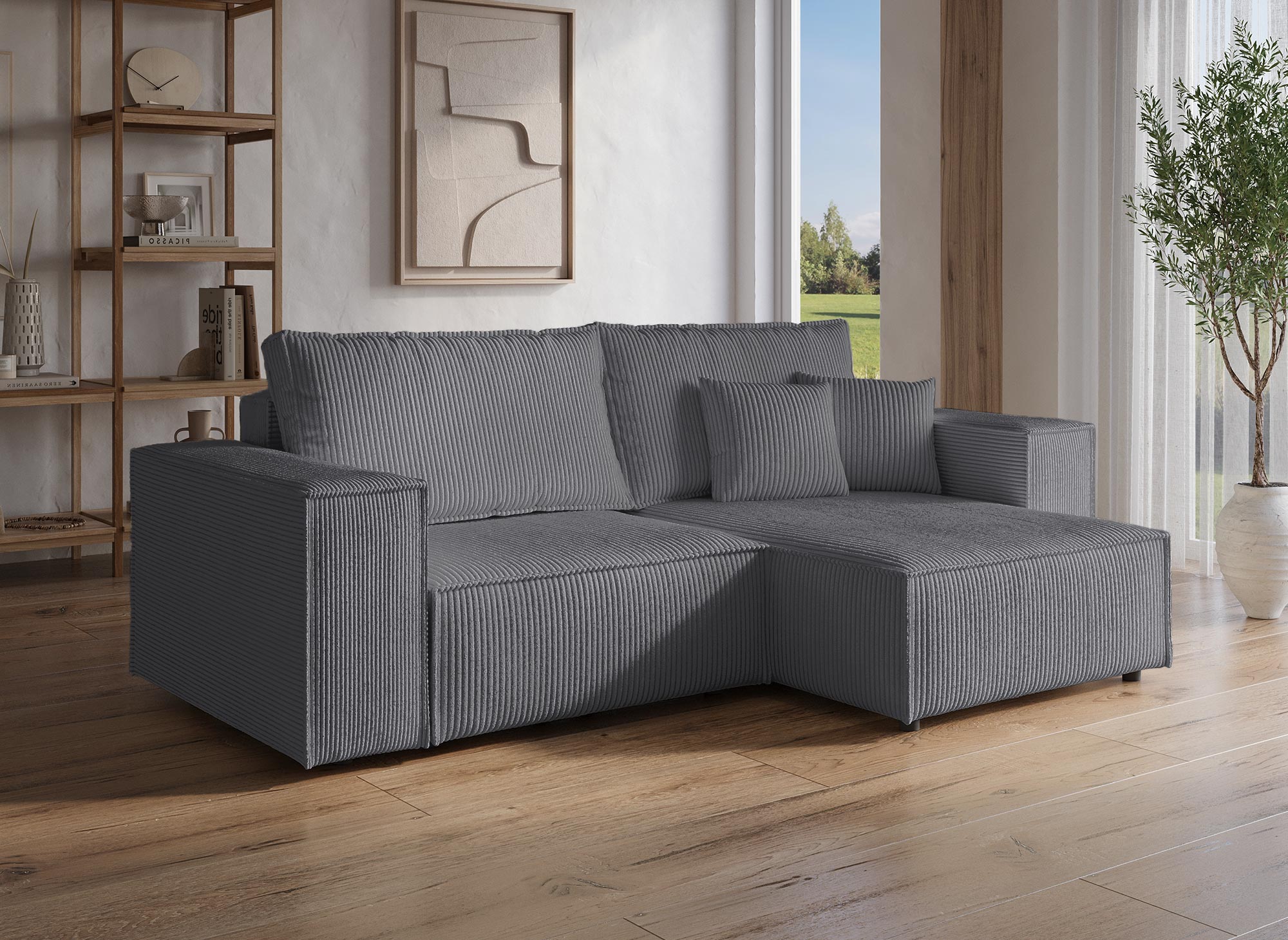JADE MINI Ecksofa aus anthrazitgrauem Cord, umwandelbar und wendbar, mit Stauraum
