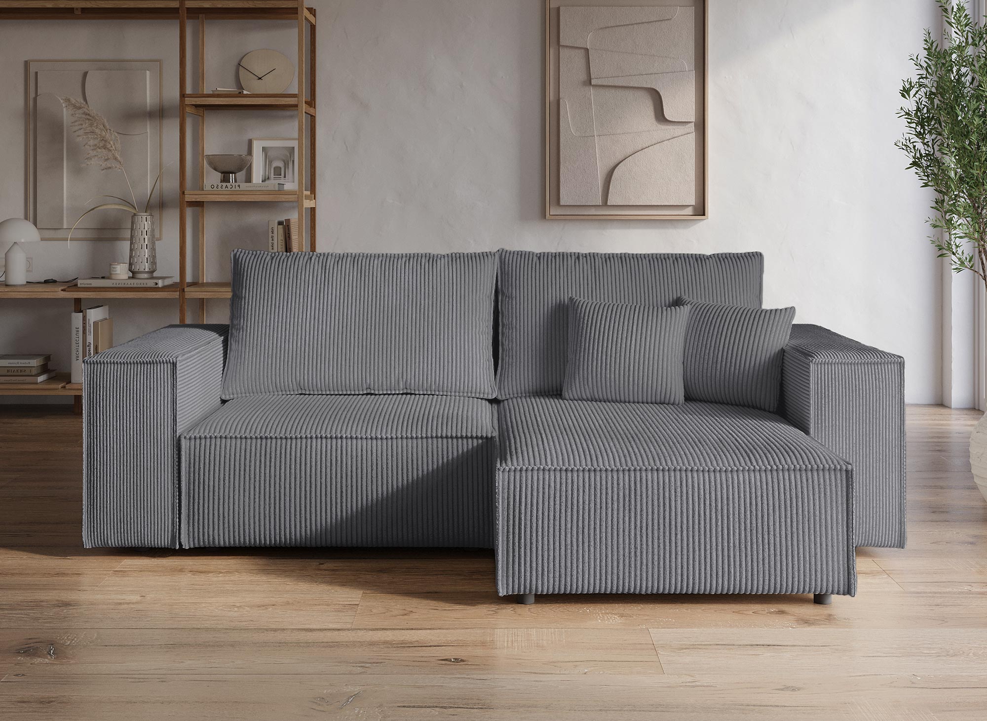 JADE MINI Ecksofa aus anthrazitgrauem Cord, umwandelbar und wendbar, mit Stauraum