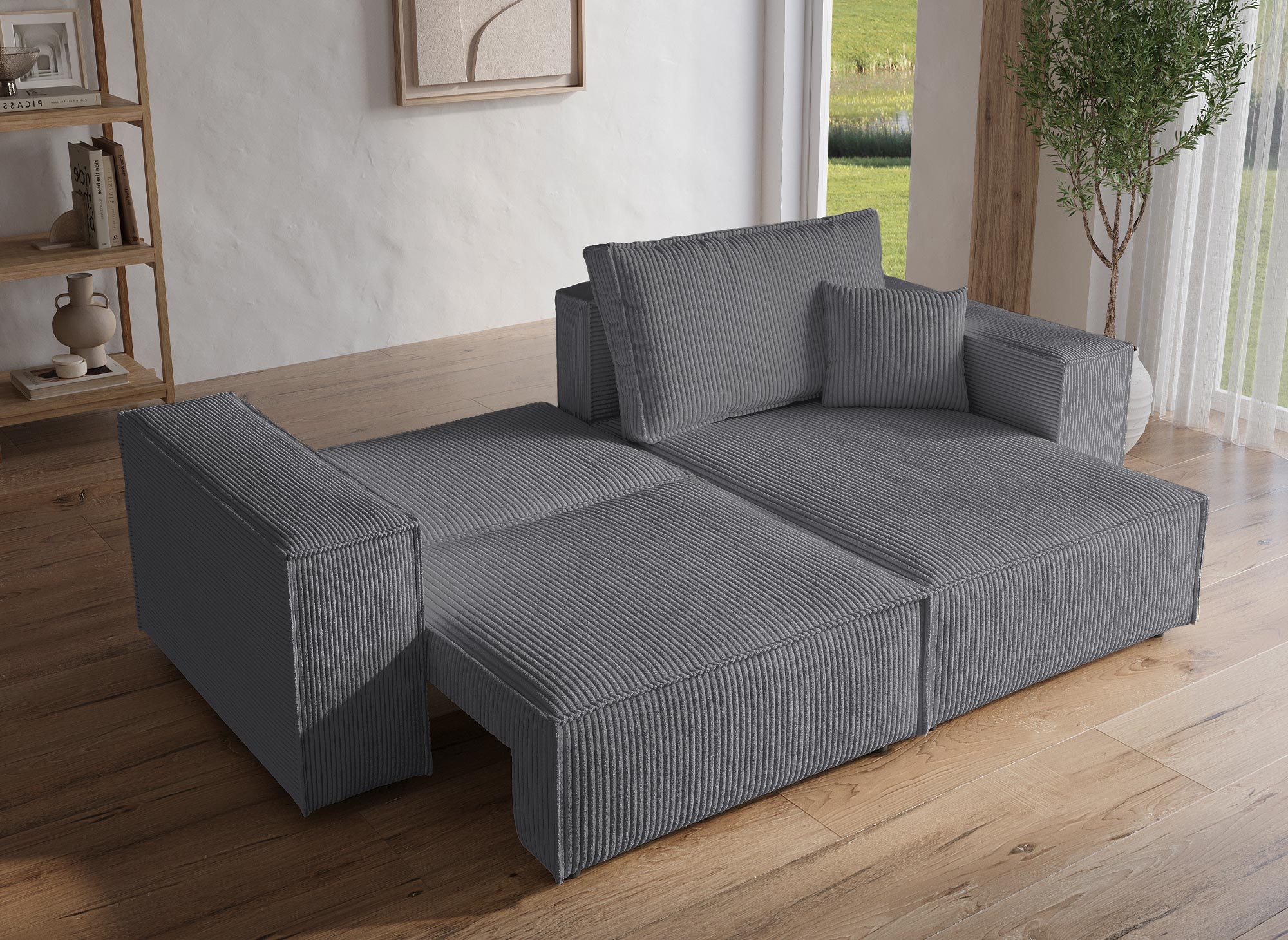 JADE MINI Ecksofa aus anthrazitgrauem Cord, umwandelbar und wendbar, mit Stauraum