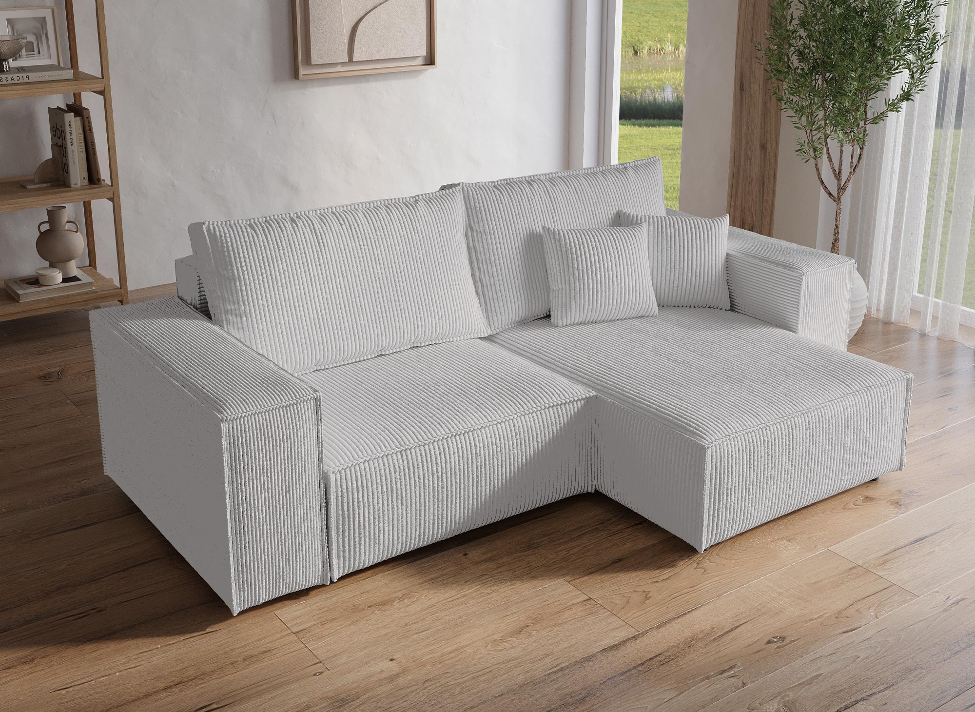 JADE MINI Ecksofa aus grauem Cord mit Stauraum, umwandelbar und wendbar