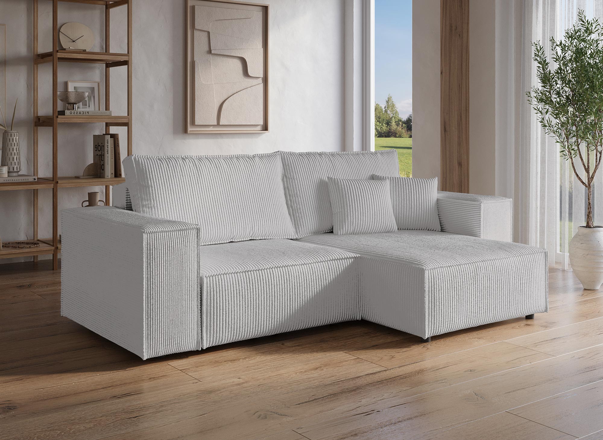 JADE MINI Ecksofa aus grauem Cord mit Stauraum, umwandelbar und wendbar