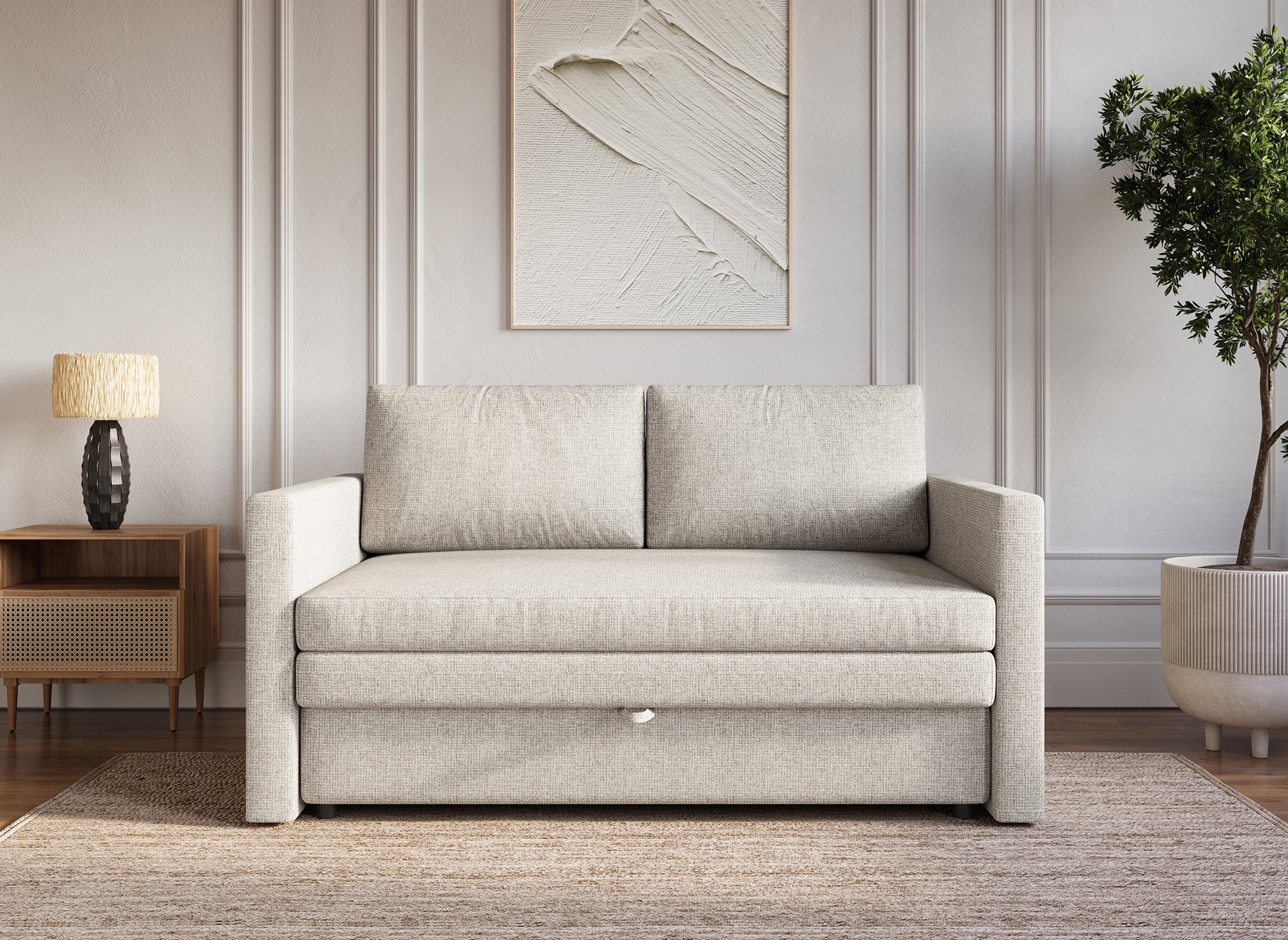 2-Sitzer-Schlafsofa mit Aufbewahrungsbox aus beigem Stoff YERAZ