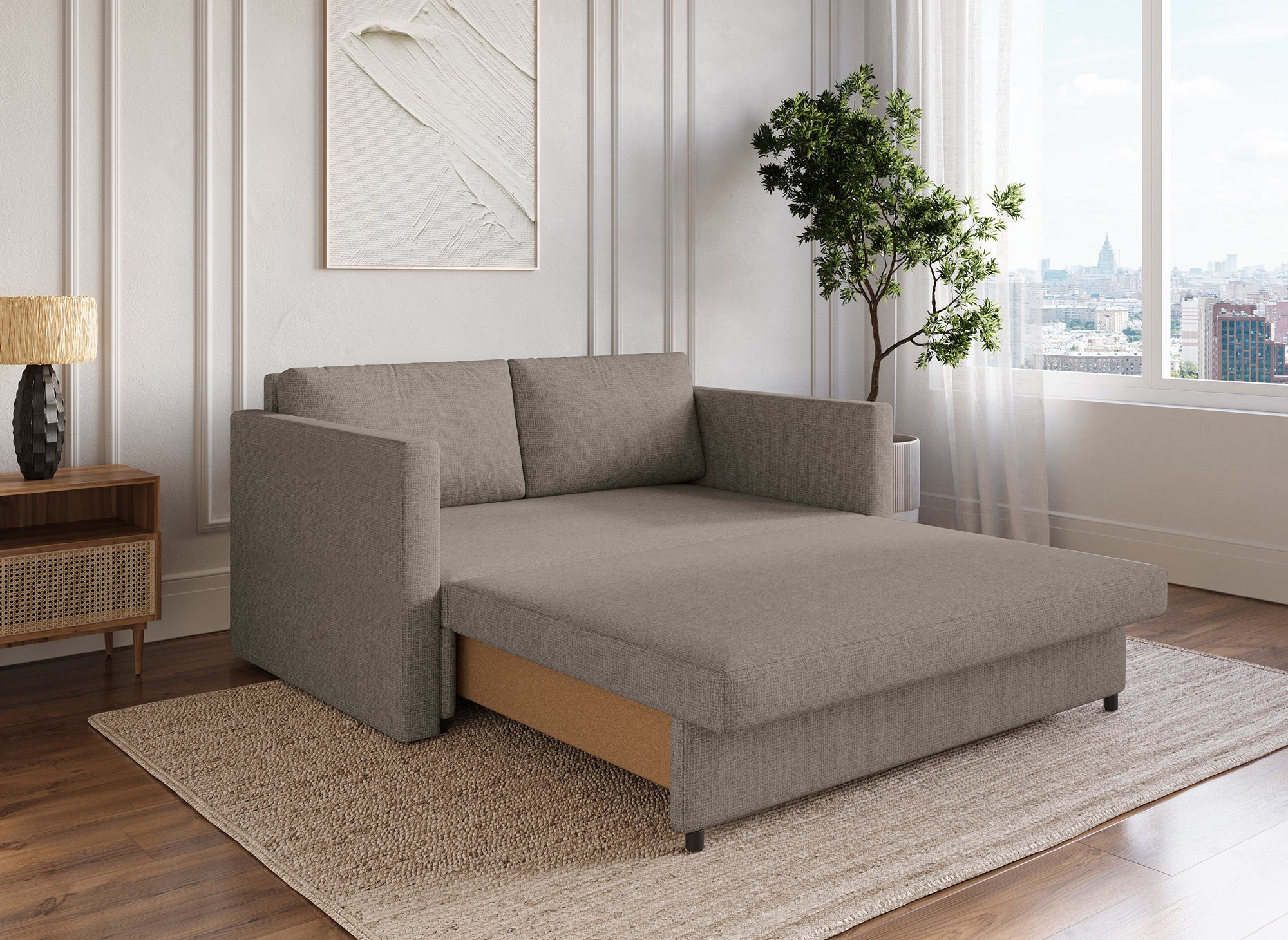 YERAZ 2-Sitzer-Schlafsofa mit Aufbewahrungsbox aus taupefarbenem Stoff