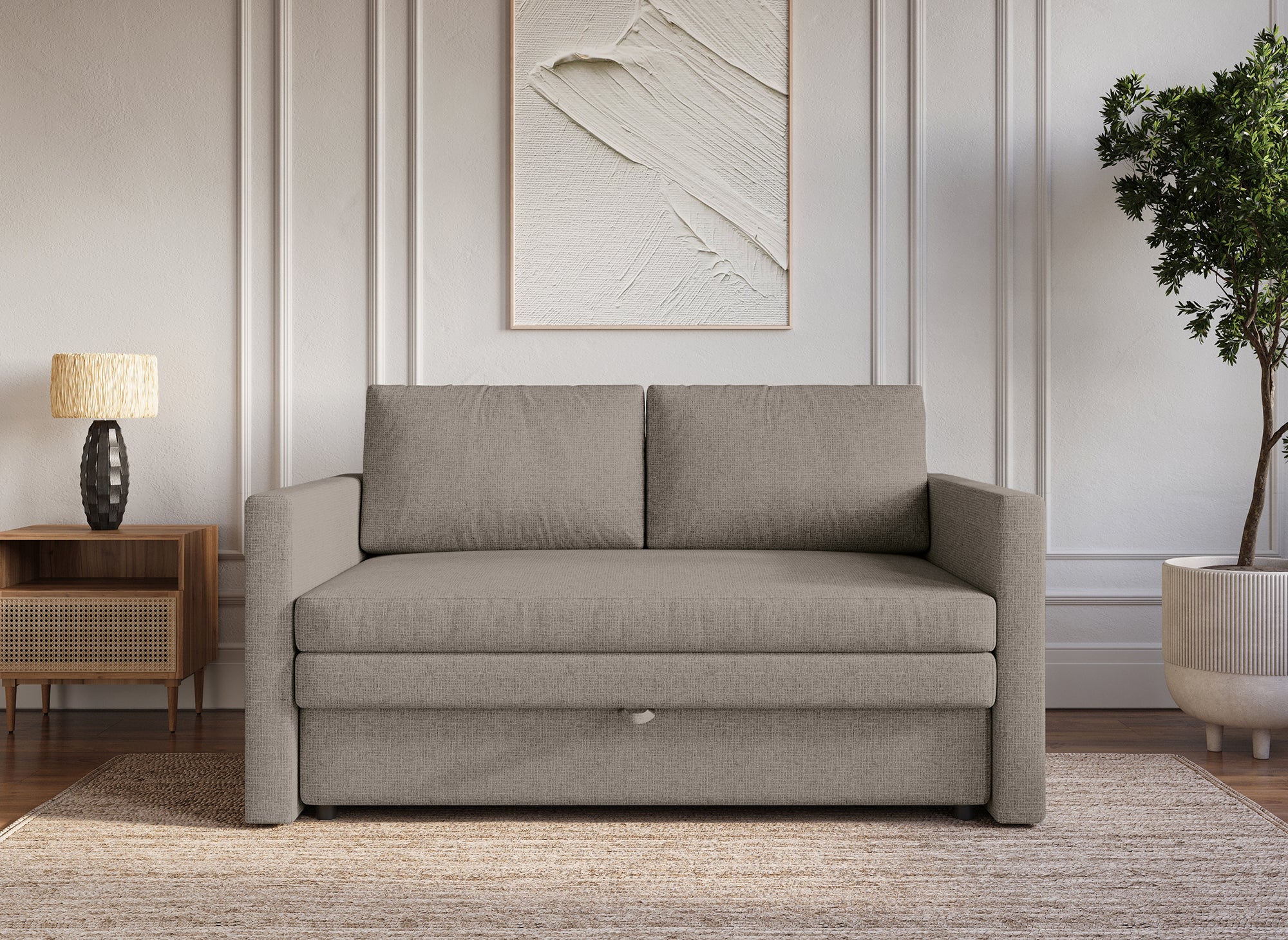 YERAZ 2-Sitzer-Schlafsofa mit Aufbewahrungsbox aus taupefarbenem Stoff