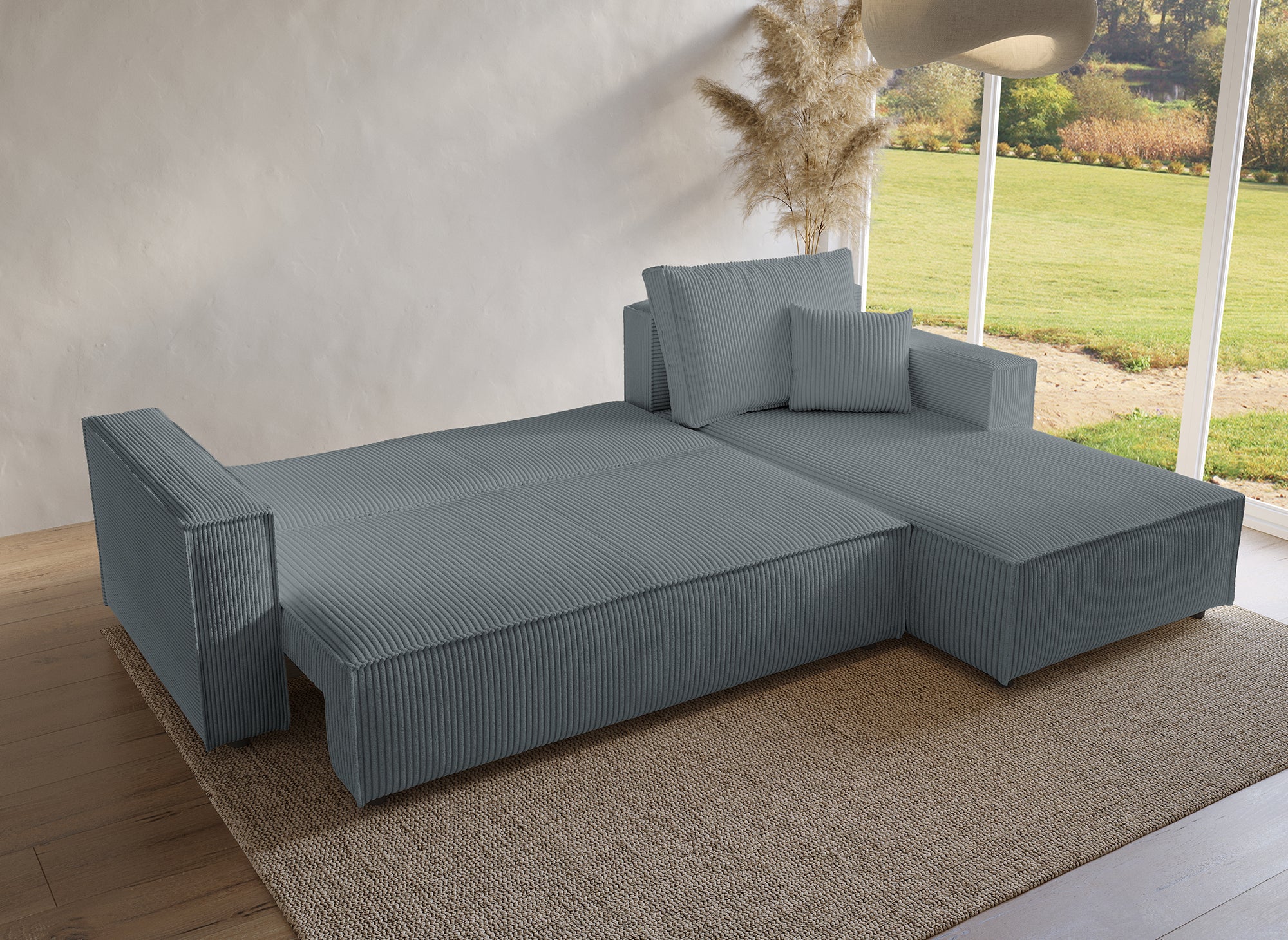SYNA Ecksofa aus grauem Cord mit Stauraum