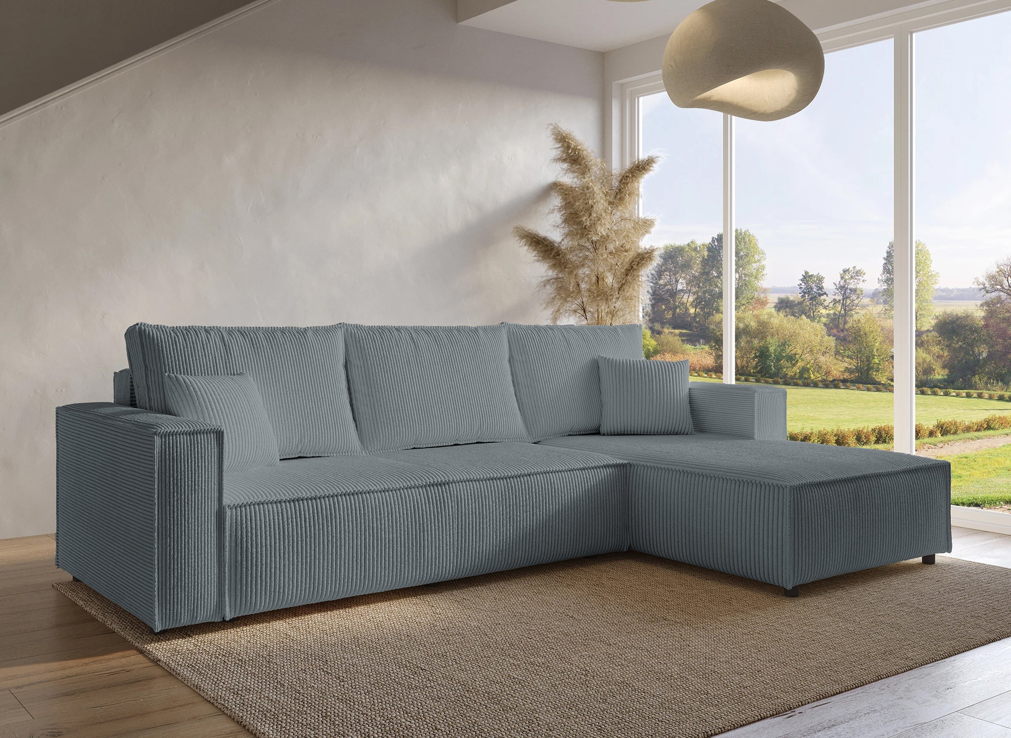 SYNA Ecksofa aus grauem Cord mit Stauraum
