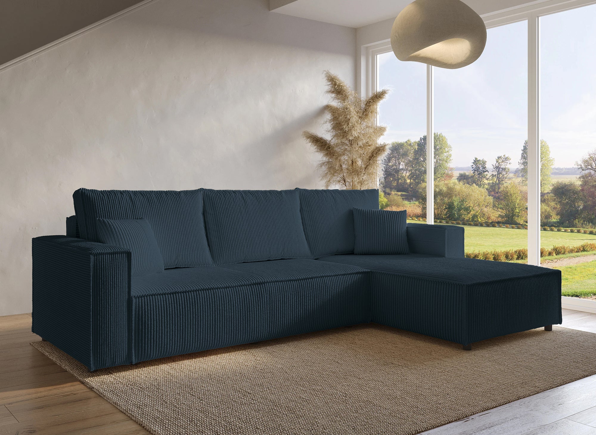 SYNA Ecksofa aus blauem Cord mit Stauraum