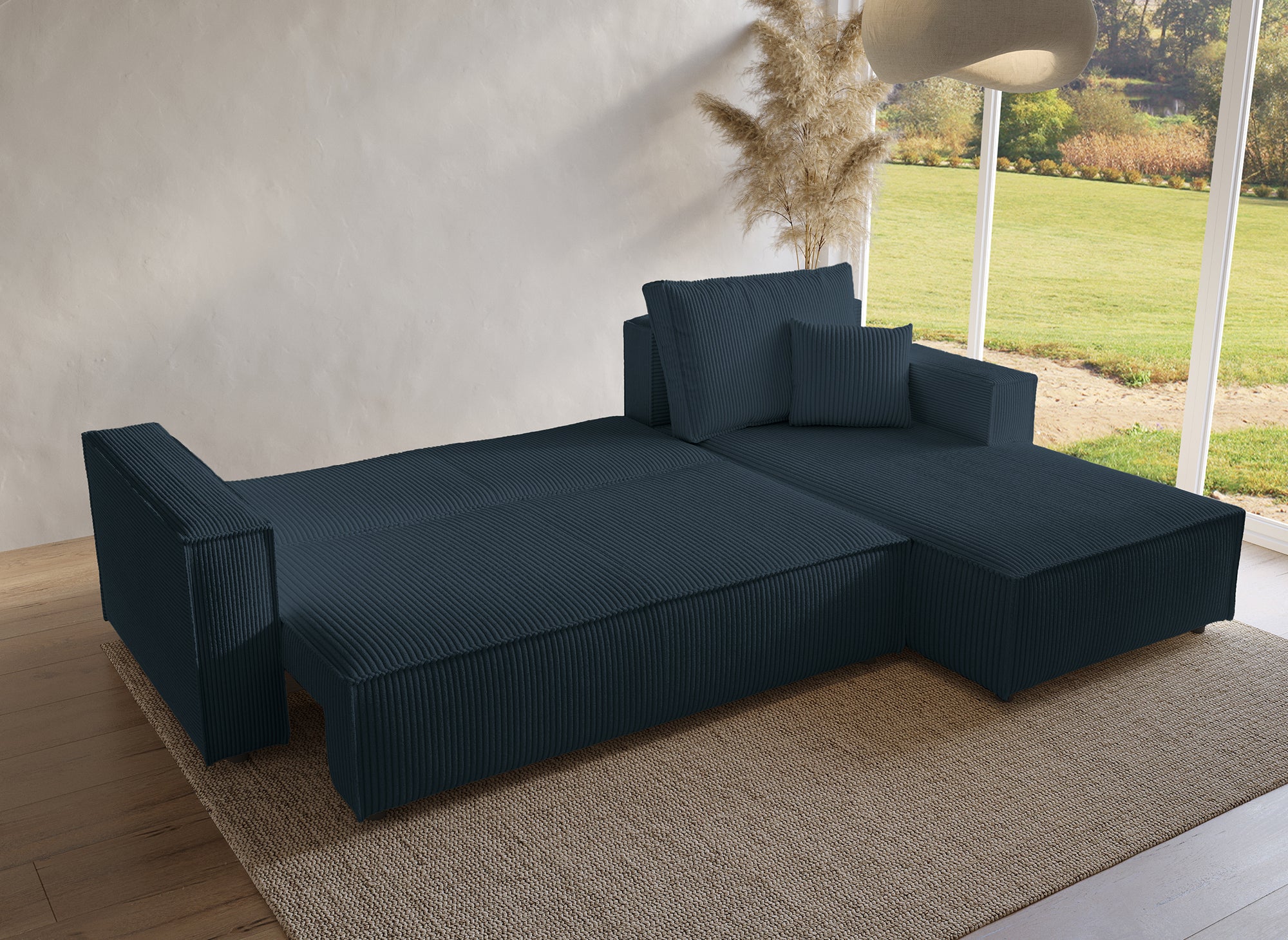 SYNA Ecksofa aus blauem Cord mit Stauraum