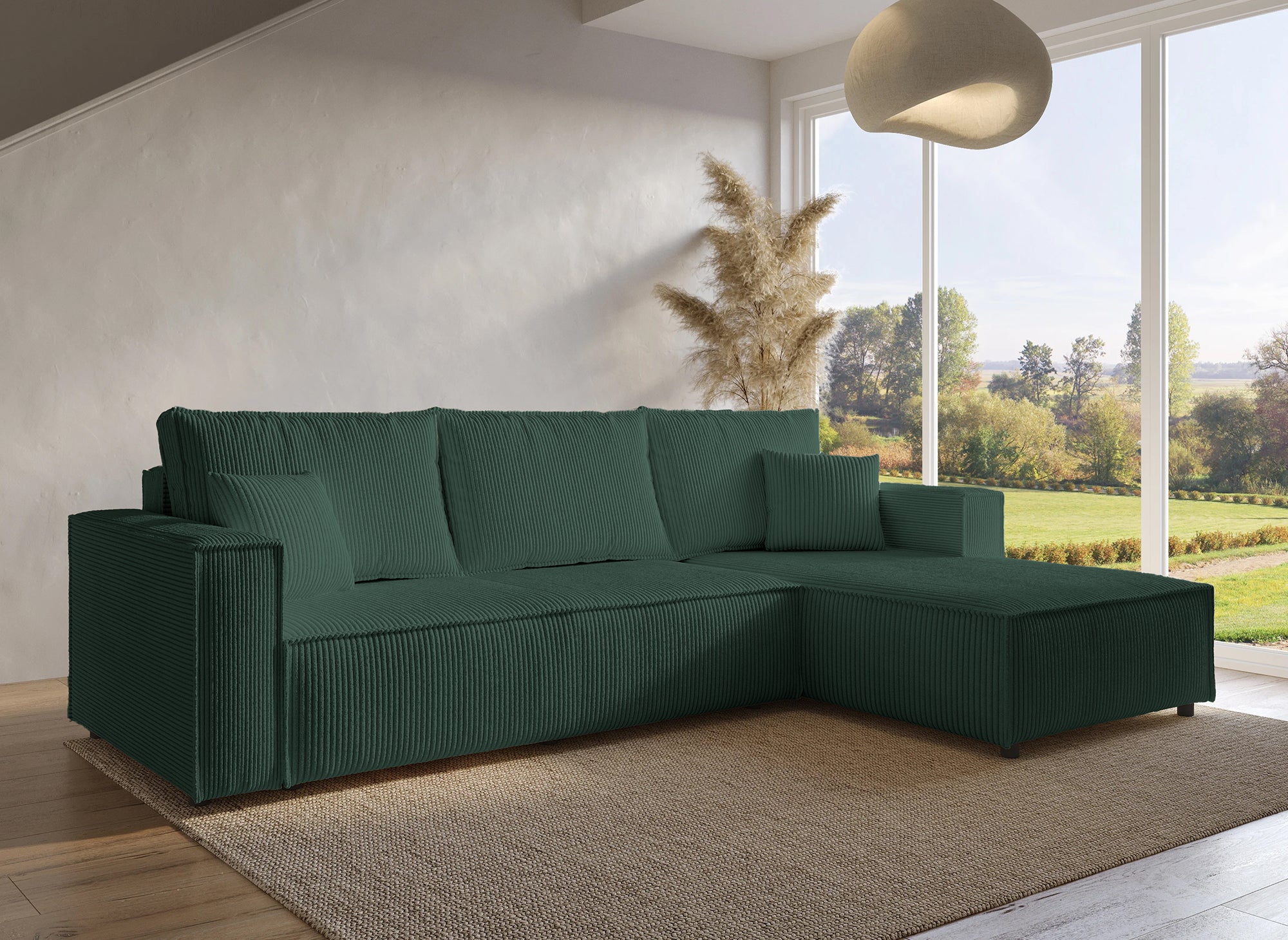 SYNA Ecksofa aus grünem Cord mit Stauraum, umwandelbar