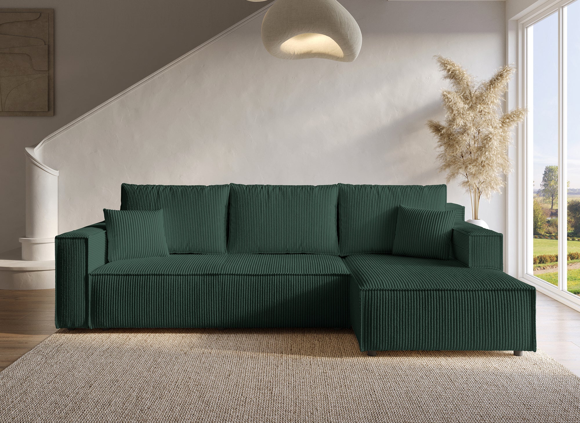 SYNA Ecksofa aus grünem Cord mit Stauraum, umwandelbar