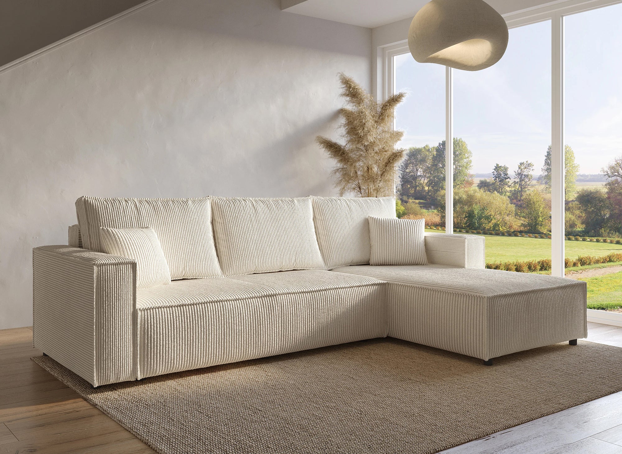 SYNA Ecksofa aus beigefarbenem Cord mit Stauraum