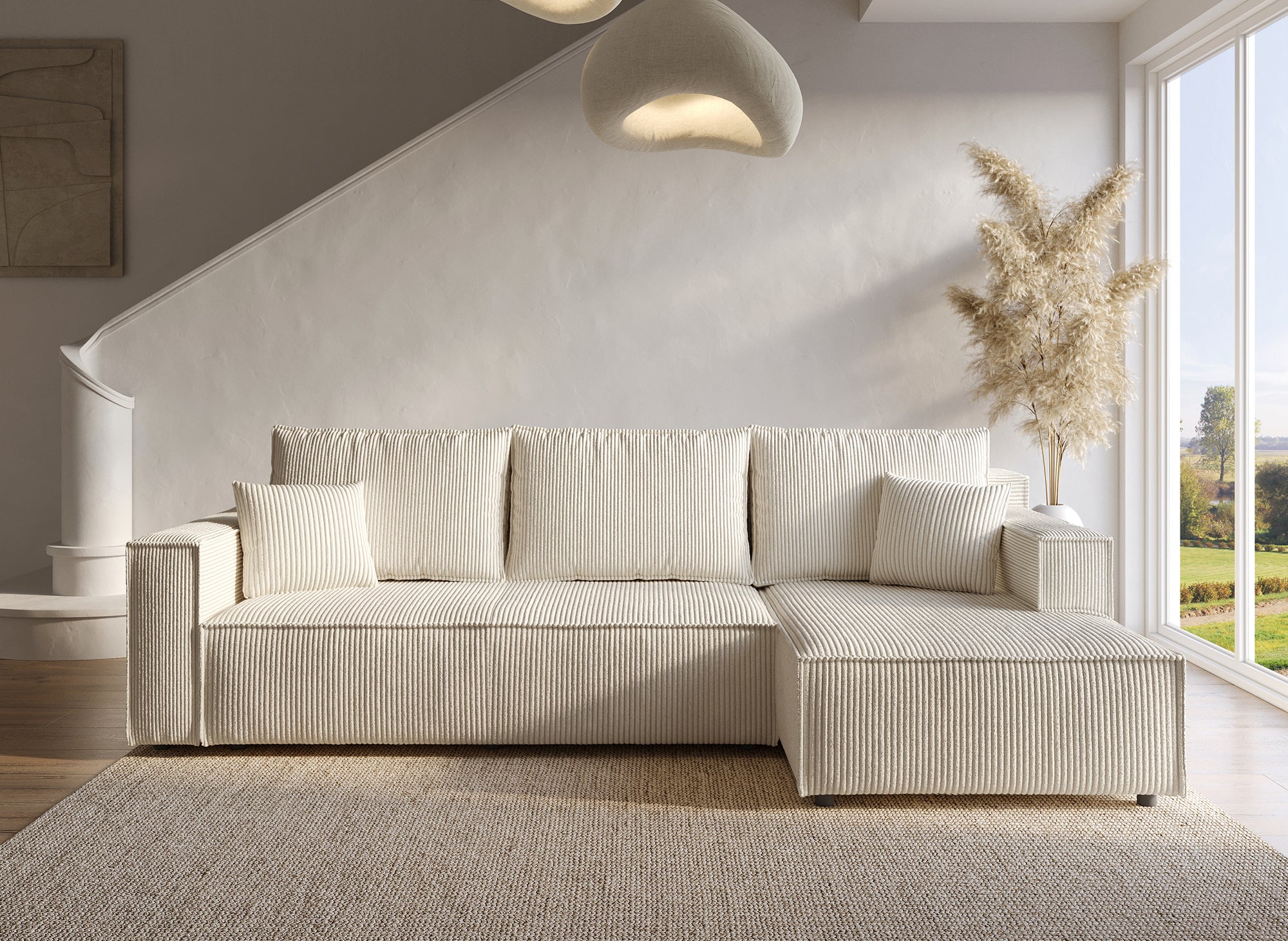 SYNA Ecksofa aus beigefarbenem Cord mit Stauraum