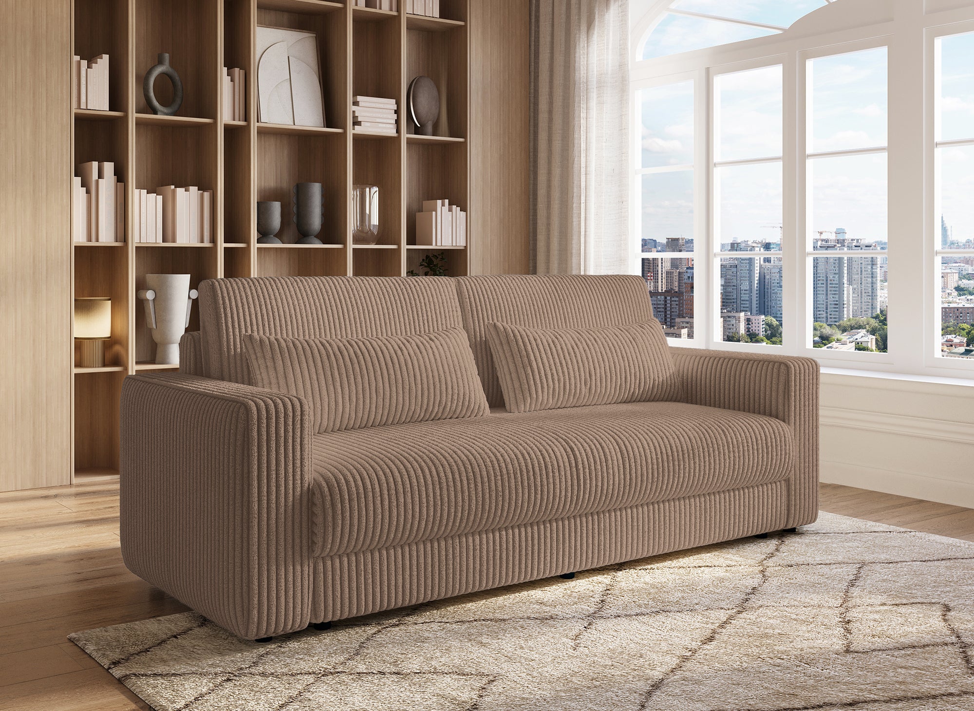 ZURIA 3-Sitzer-Schlafsofa mit Stauraum aus dickem Taupe-Cord