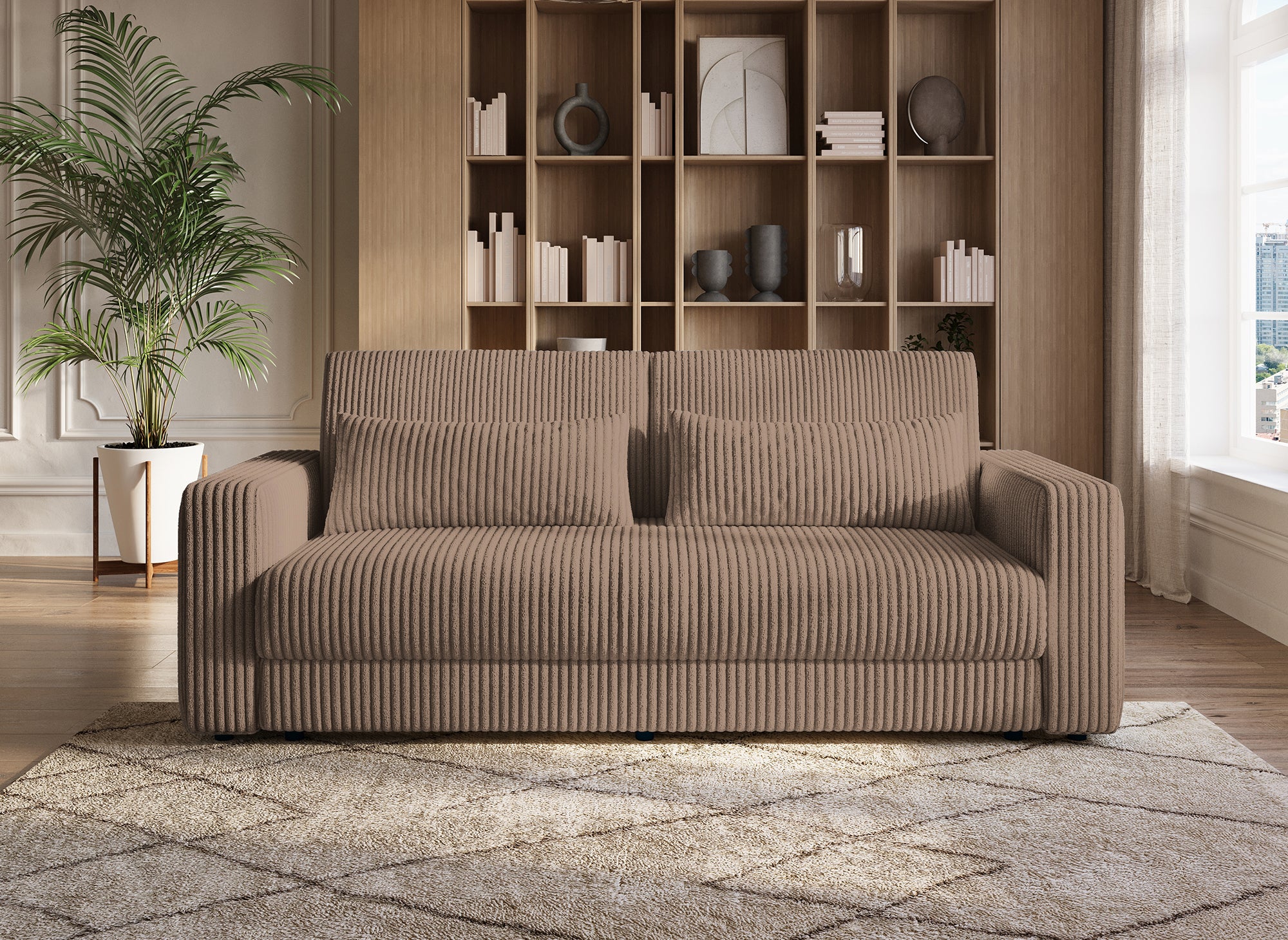 ZURIA 3-Sitzer-Schlafsofa mit Stauraum aus dickem Taupe-Cord