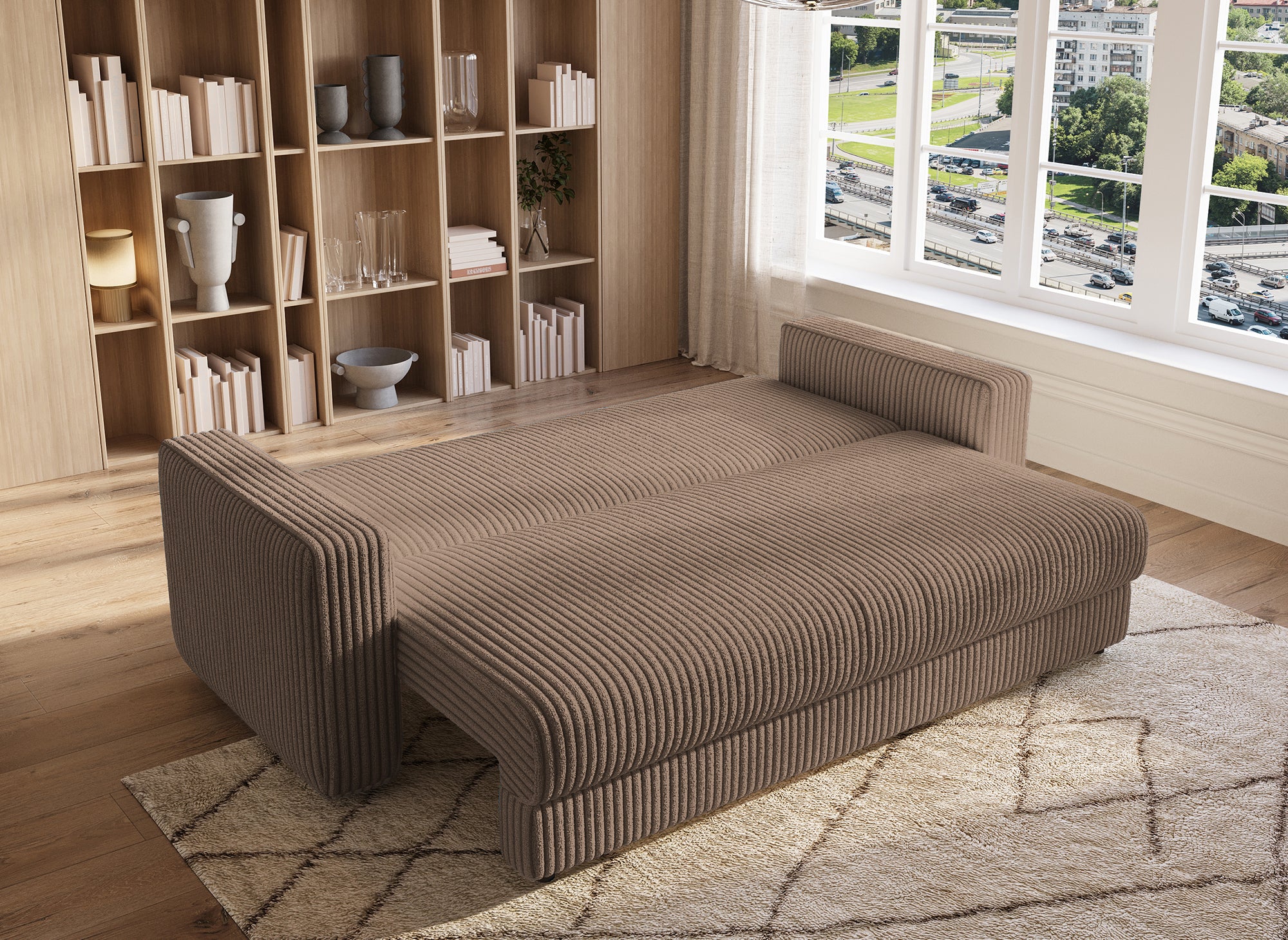 ZURIA 3-Sitzer-Schlafsofa mit Stauraum aus dickem Taupe-Cord