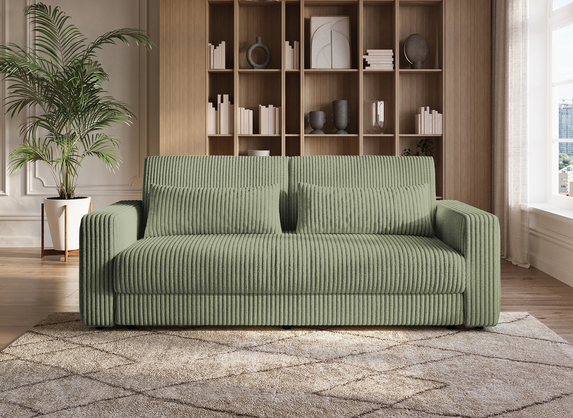 ZURIA 3-Sitzer-Schlafsofa mit Stauraum aus dickem khakigrünem Cord
