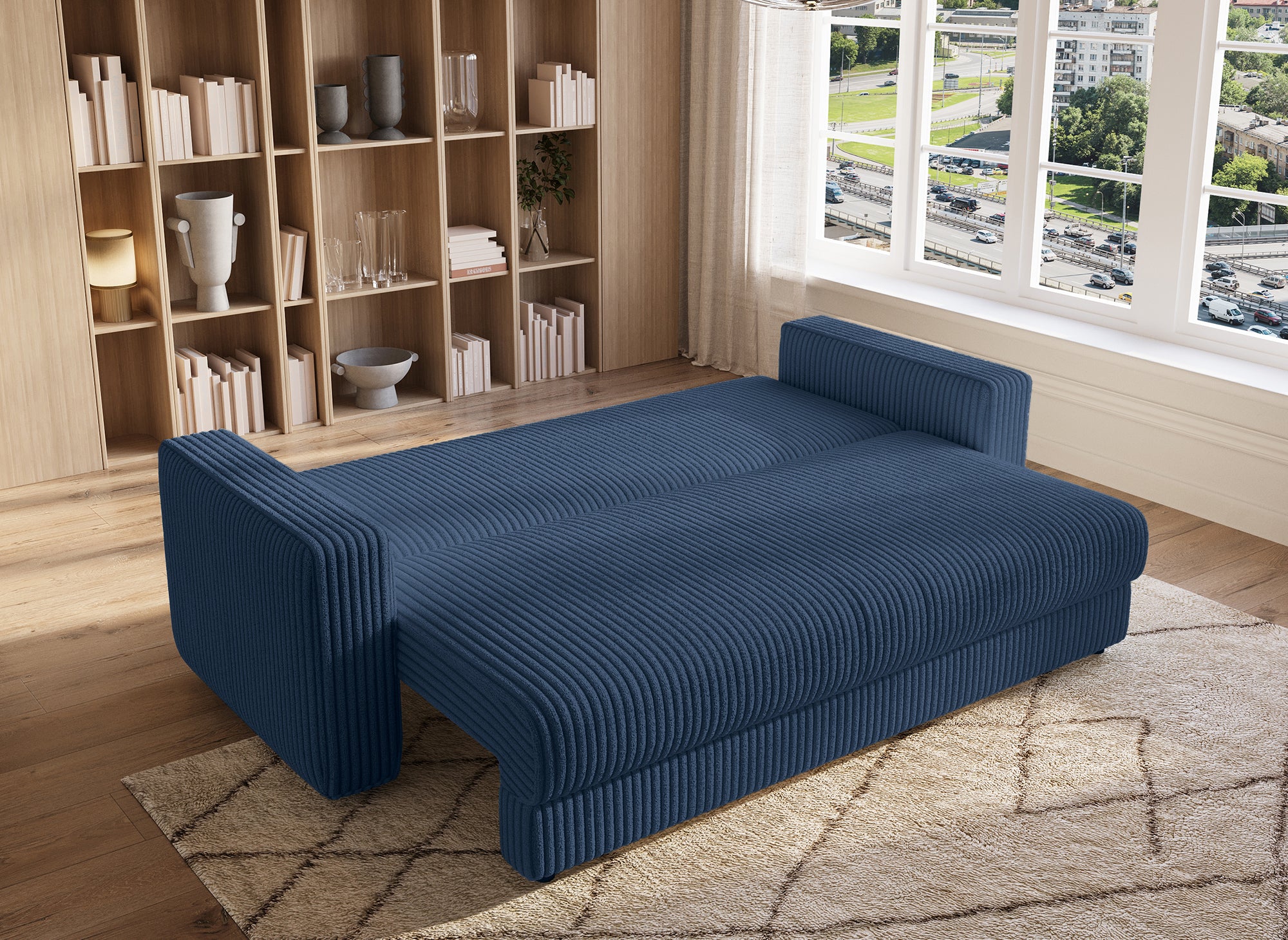 ZURIA 3-Sitzer-Schlafsofa mit Stauraum aus dickem blauem Cord