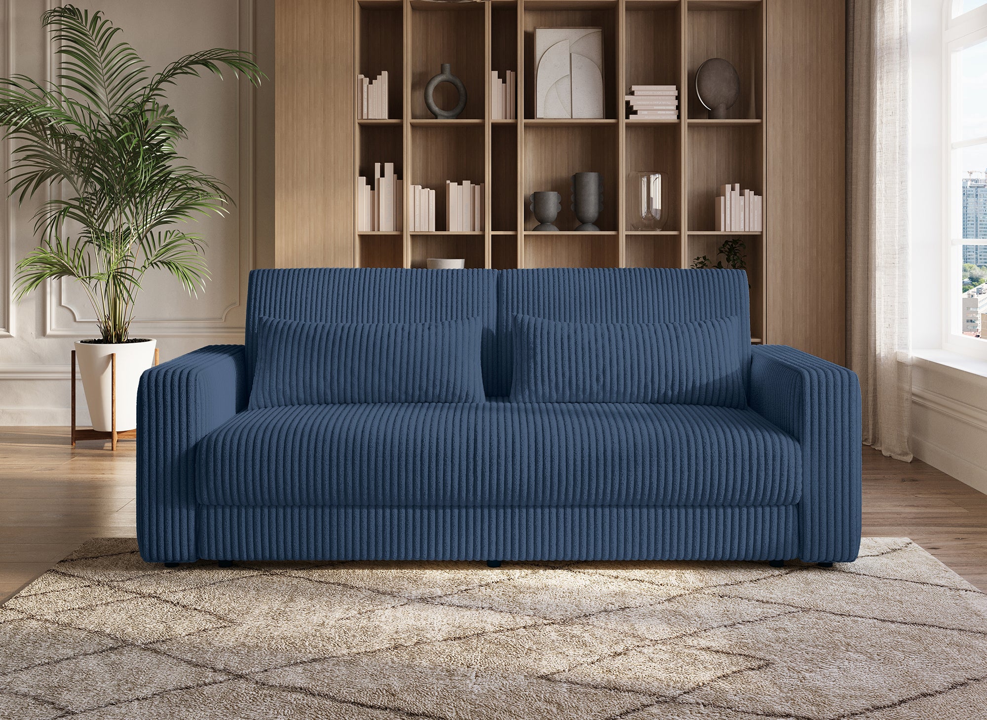 ZURIA 3-Sitzer-Schlafsofa mit Stauraum aus dickem blauem Cord
