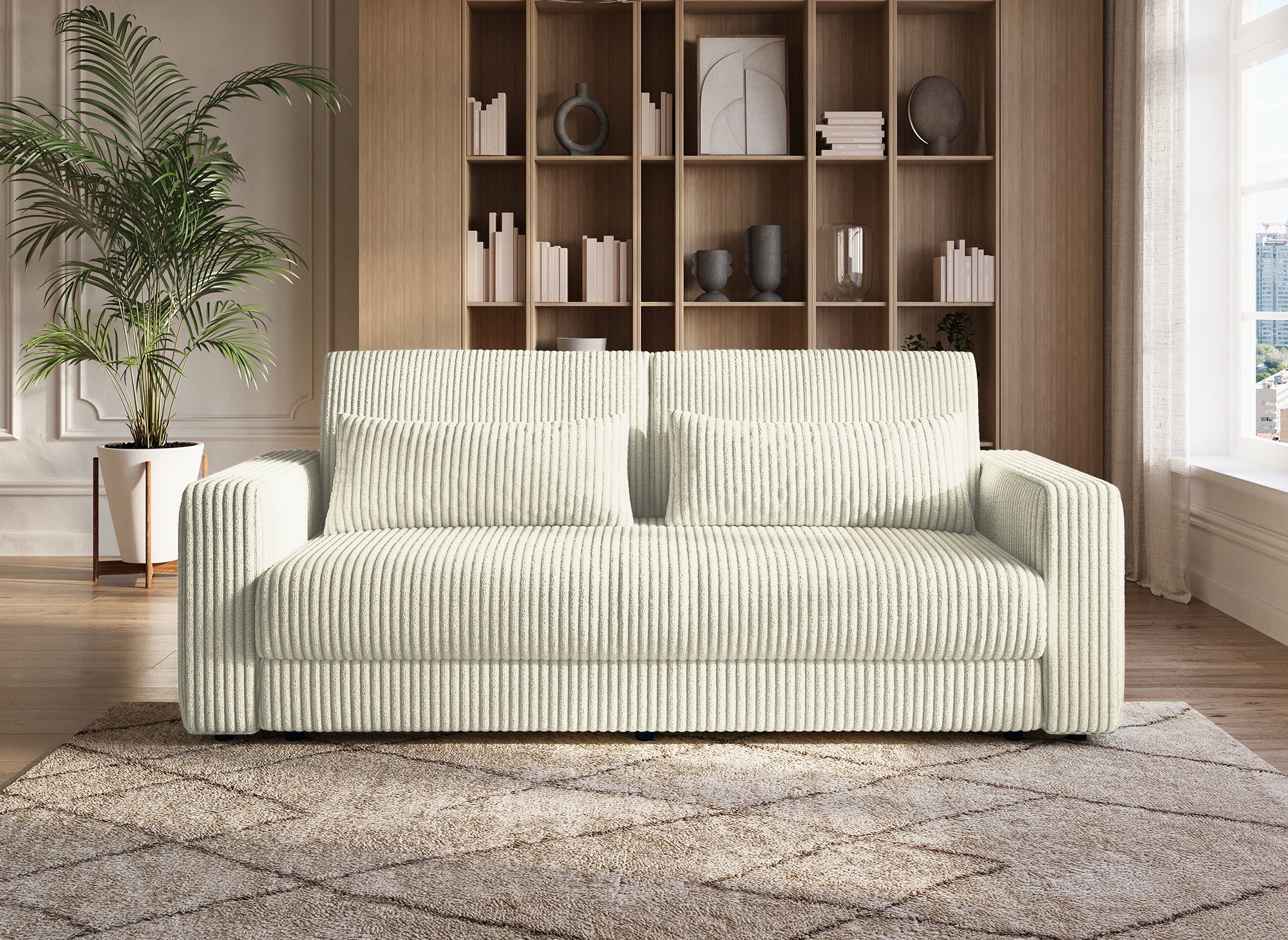 ZURIA 3-Sitzer-Schlafsofa mit Stauraum aus dickem, beigem Cord