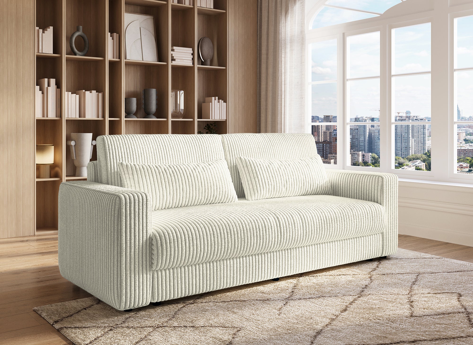 ZURIA 3-Sitzer-Schlafsofa mit Stauraum aus dickem, beigem Cord