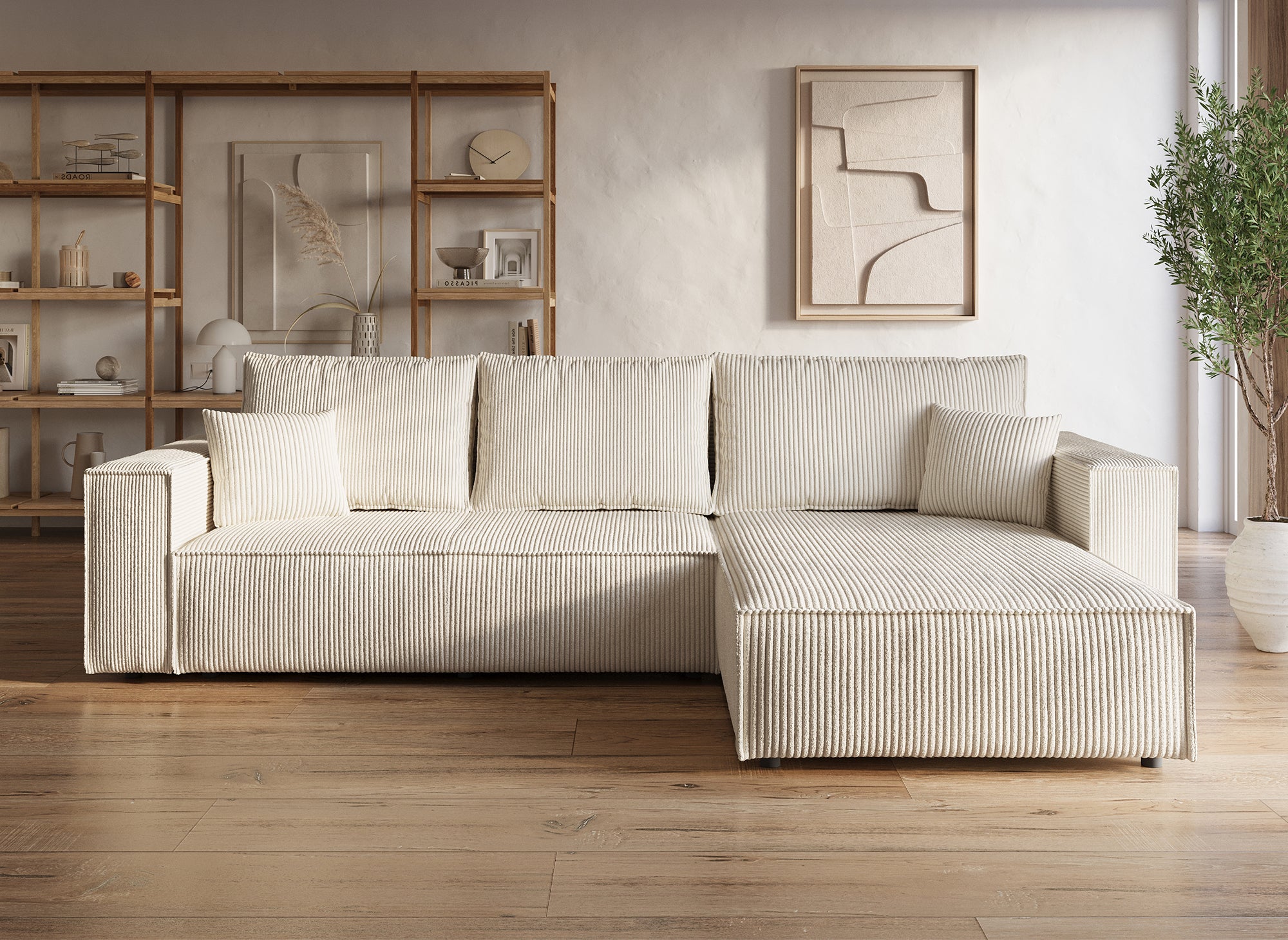 JADE Ecksofa aus geripptem Samt in Beige mit Stauraum, umwandelbar und wendbar