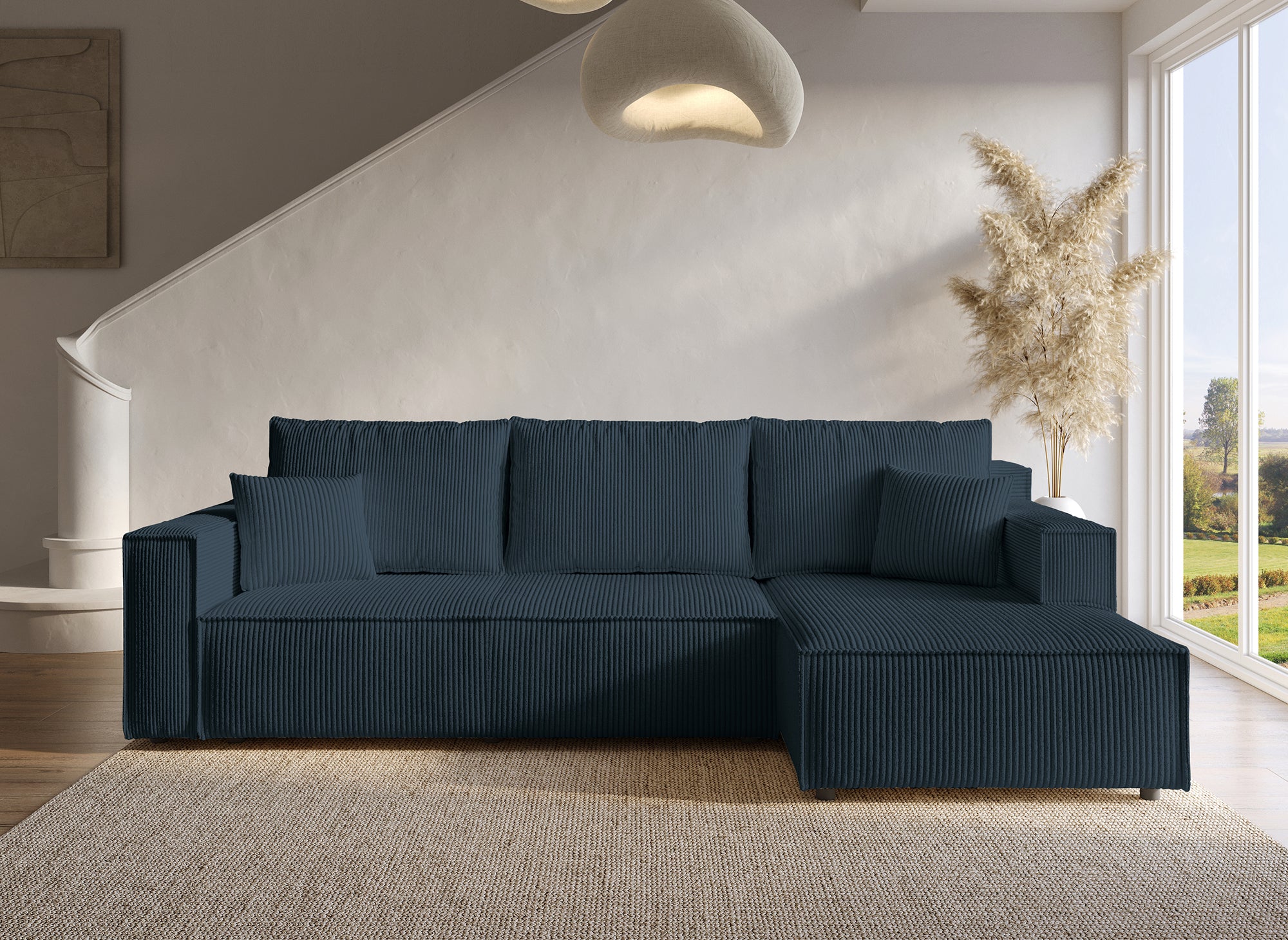 SYNA Ecksofa aus blauem Cord mit Stauraum
