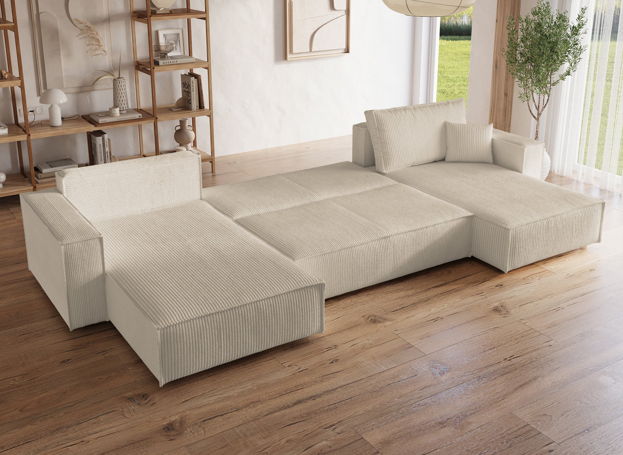 JADE Beige Cord Cabrio Panorama Sofa mit Stauraum