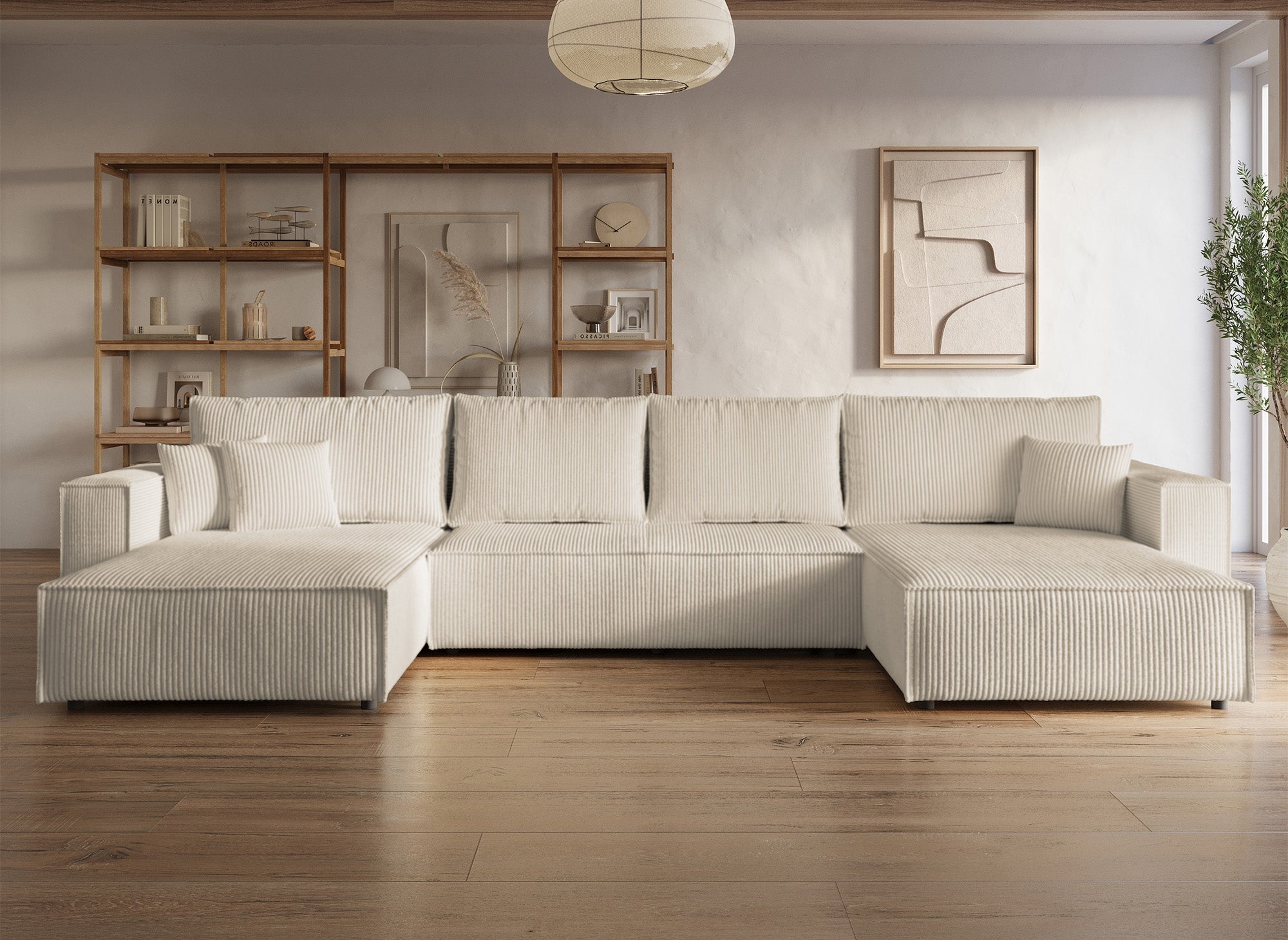 JADE Beige Cord Cabrio Panorama Sofa mit Stauraum