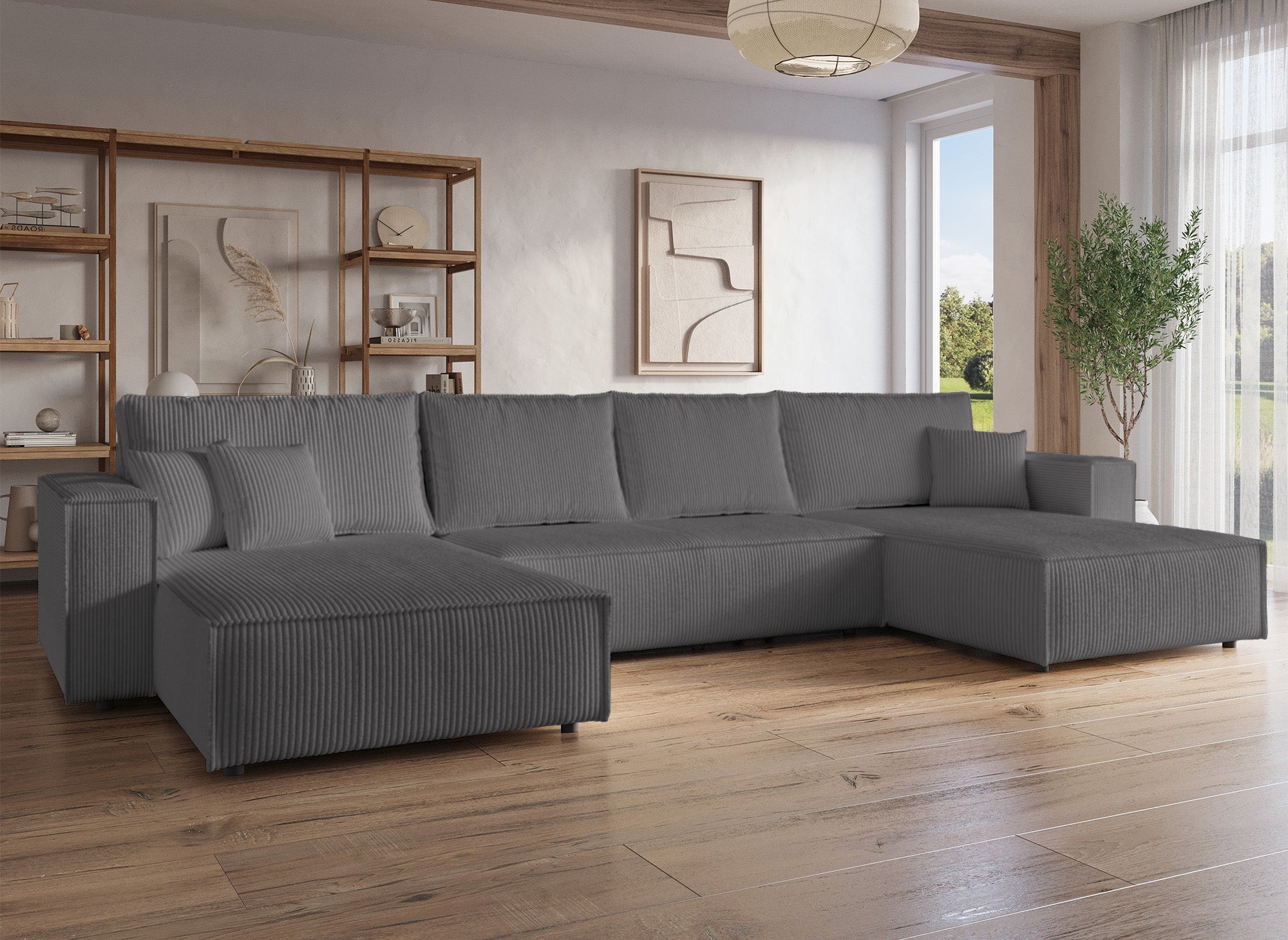 Panorama-Schlafsofa JADE mit Stauraum aus anthrazitgrauem Cord